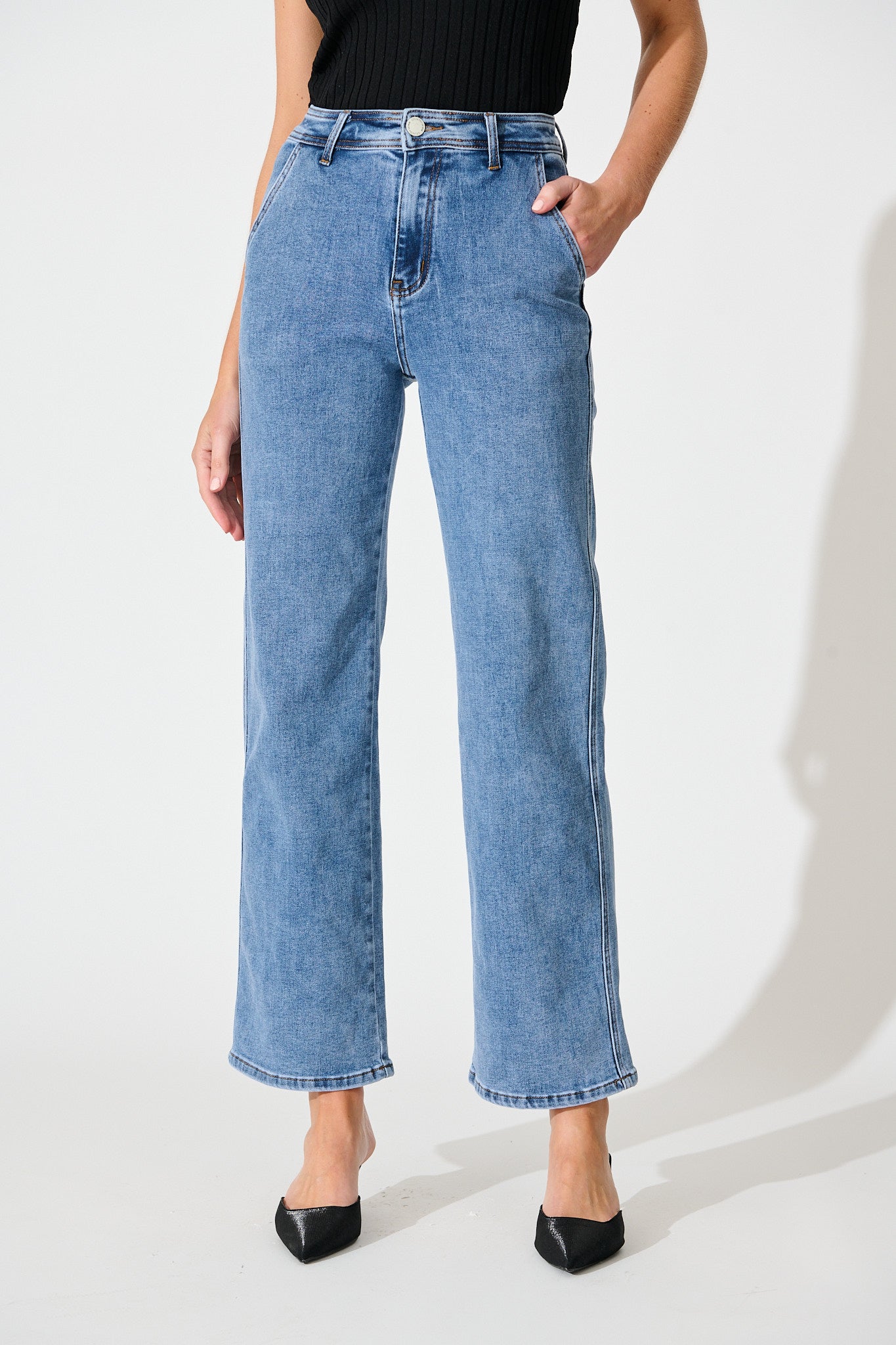 Adele High Rise Straight Leg Jean in Mid Blue