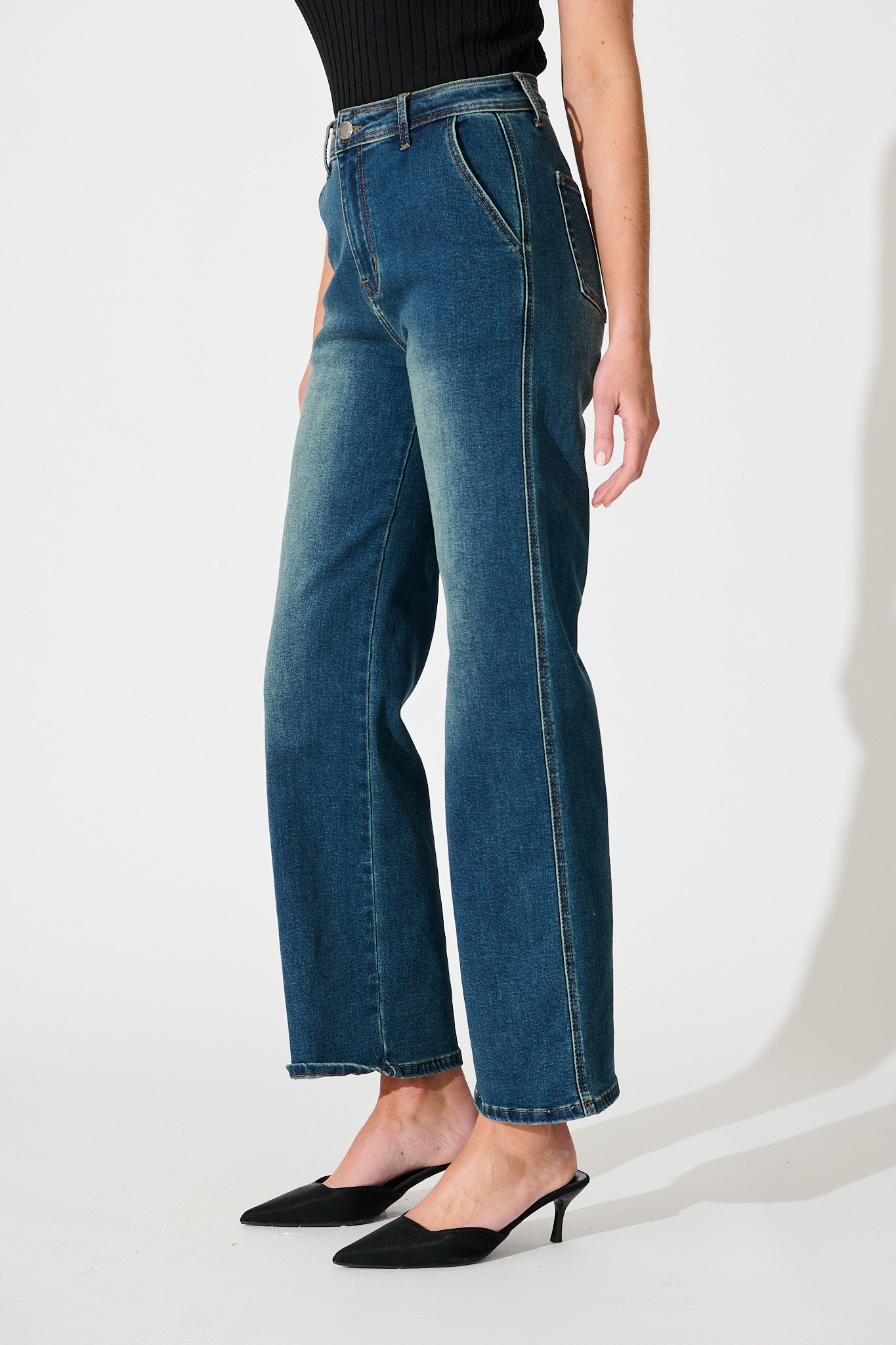 Adele High Rise Straight Leg Jean in Stone Wash Blue