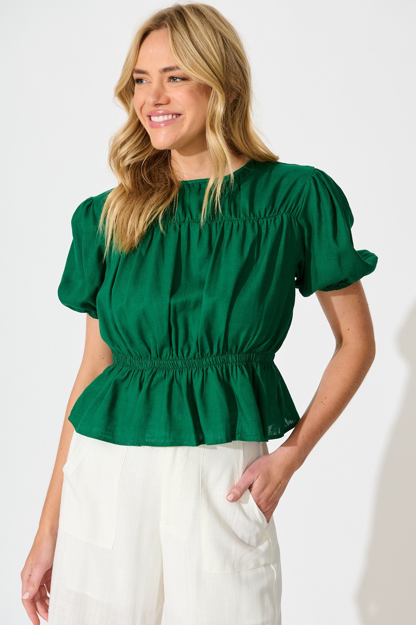Bria Top in Emerald Linen Blend