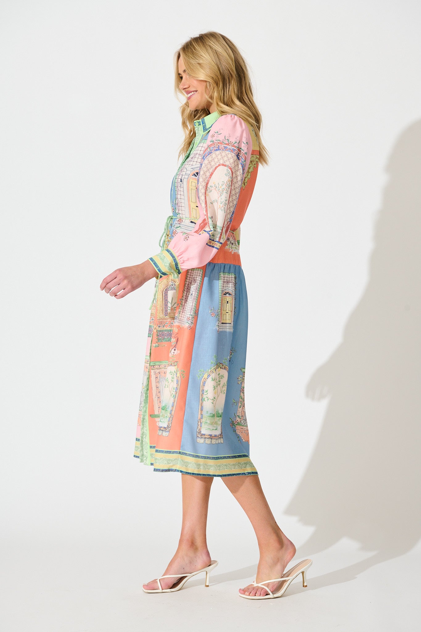 Jensen Midi Shirt Dress in Multi Patchwork Print Linen Blend