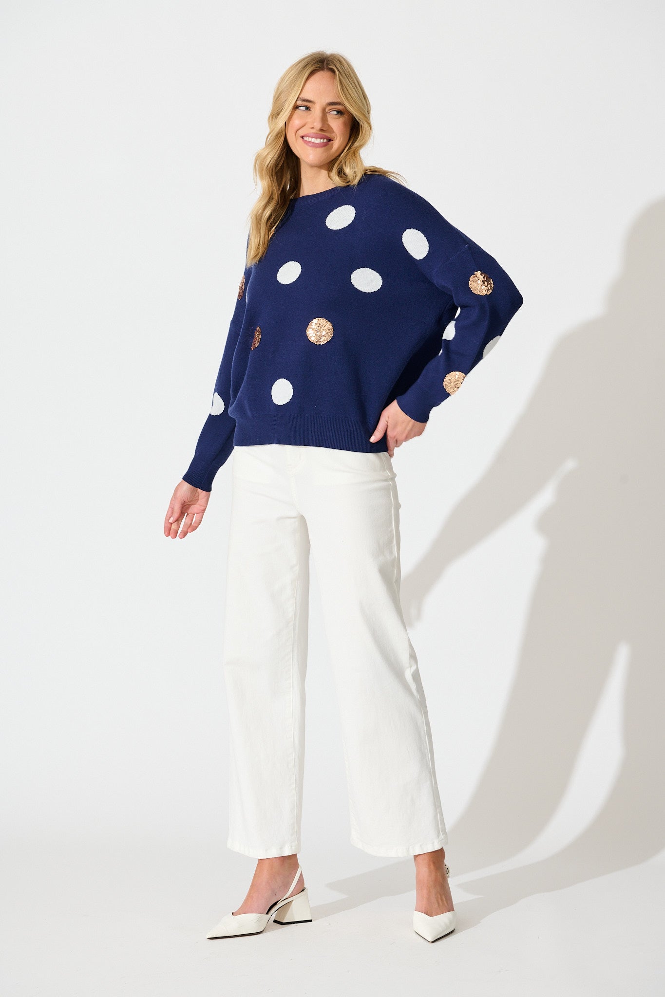 Almeria Knit In Navy With Sequin Spot Wool Blend