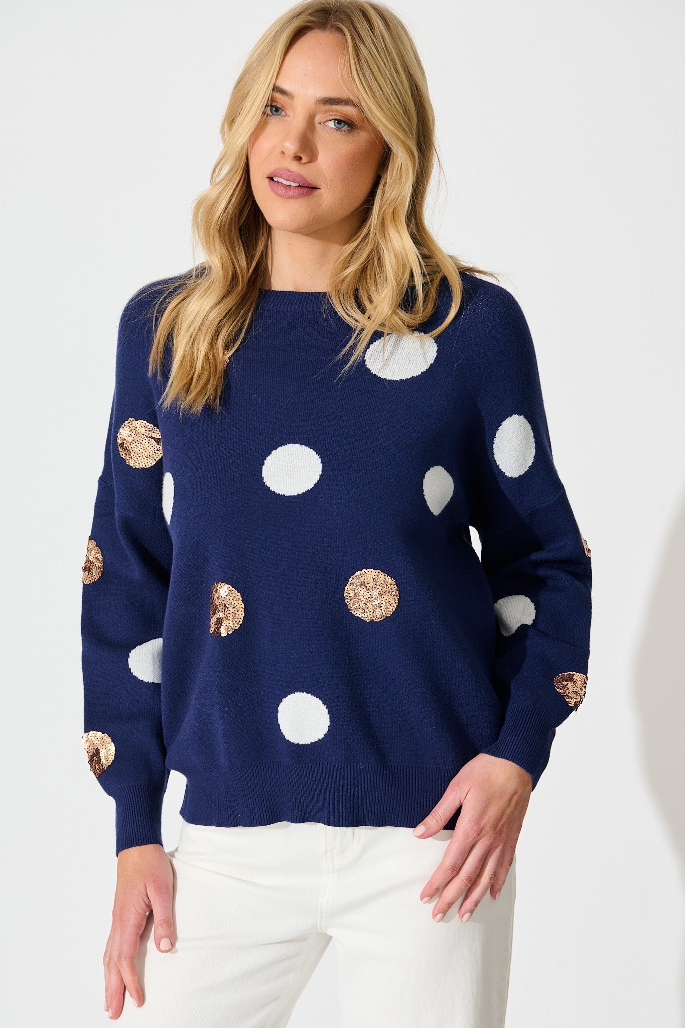 Almeria Knit In Navy With Sequin Spot Wool Blend