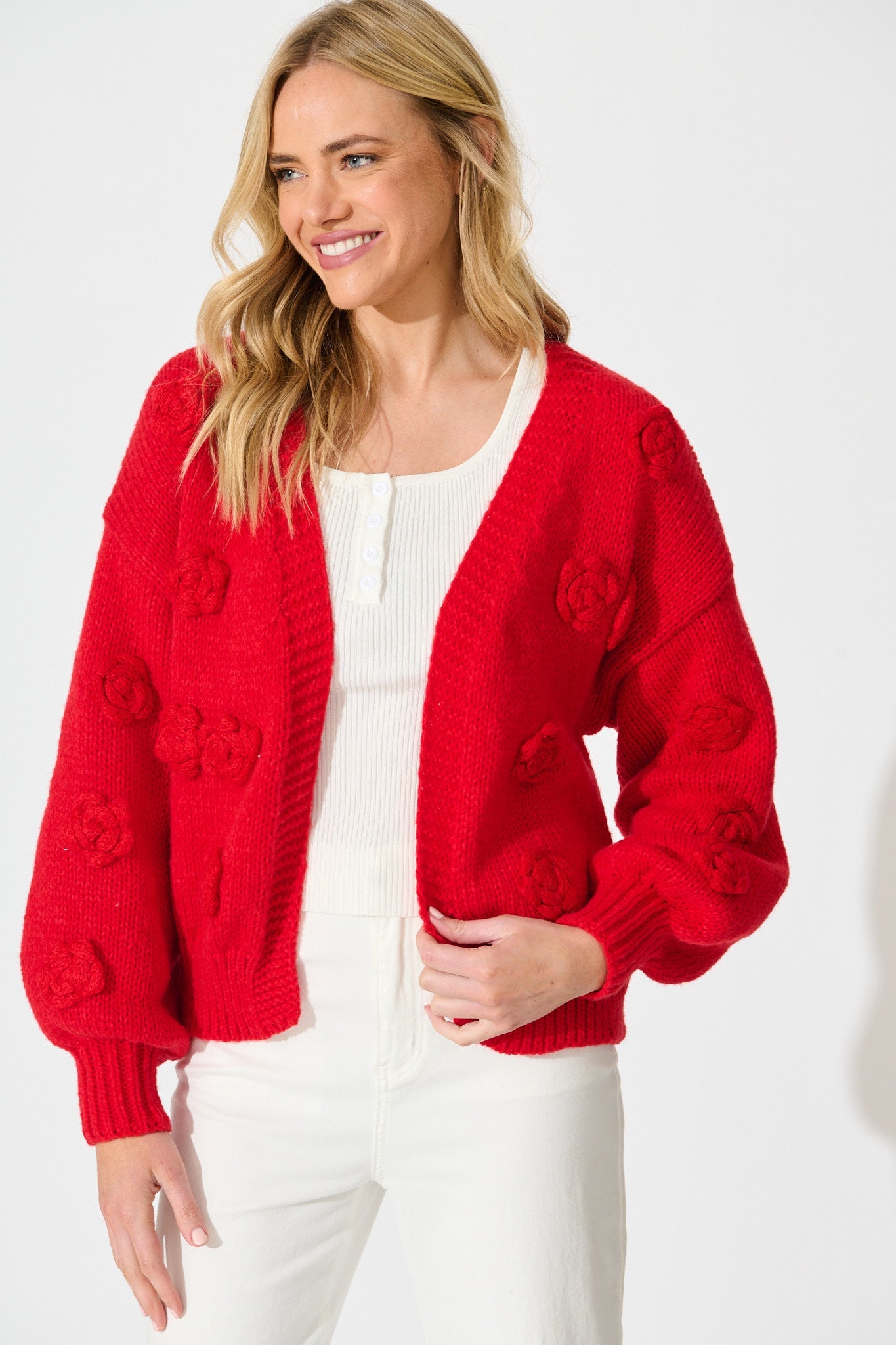 Hana Knit Cardigan in Red Wool Blend