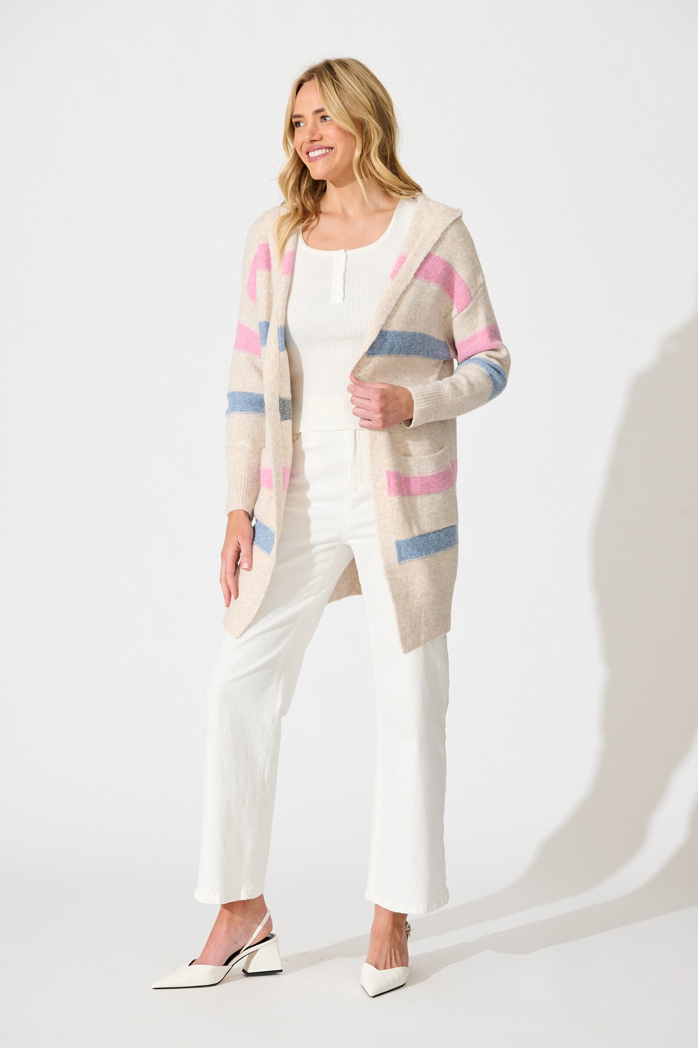 Elara Hood Knit Cardigan in Pink and Multi Stripe Wool Blend