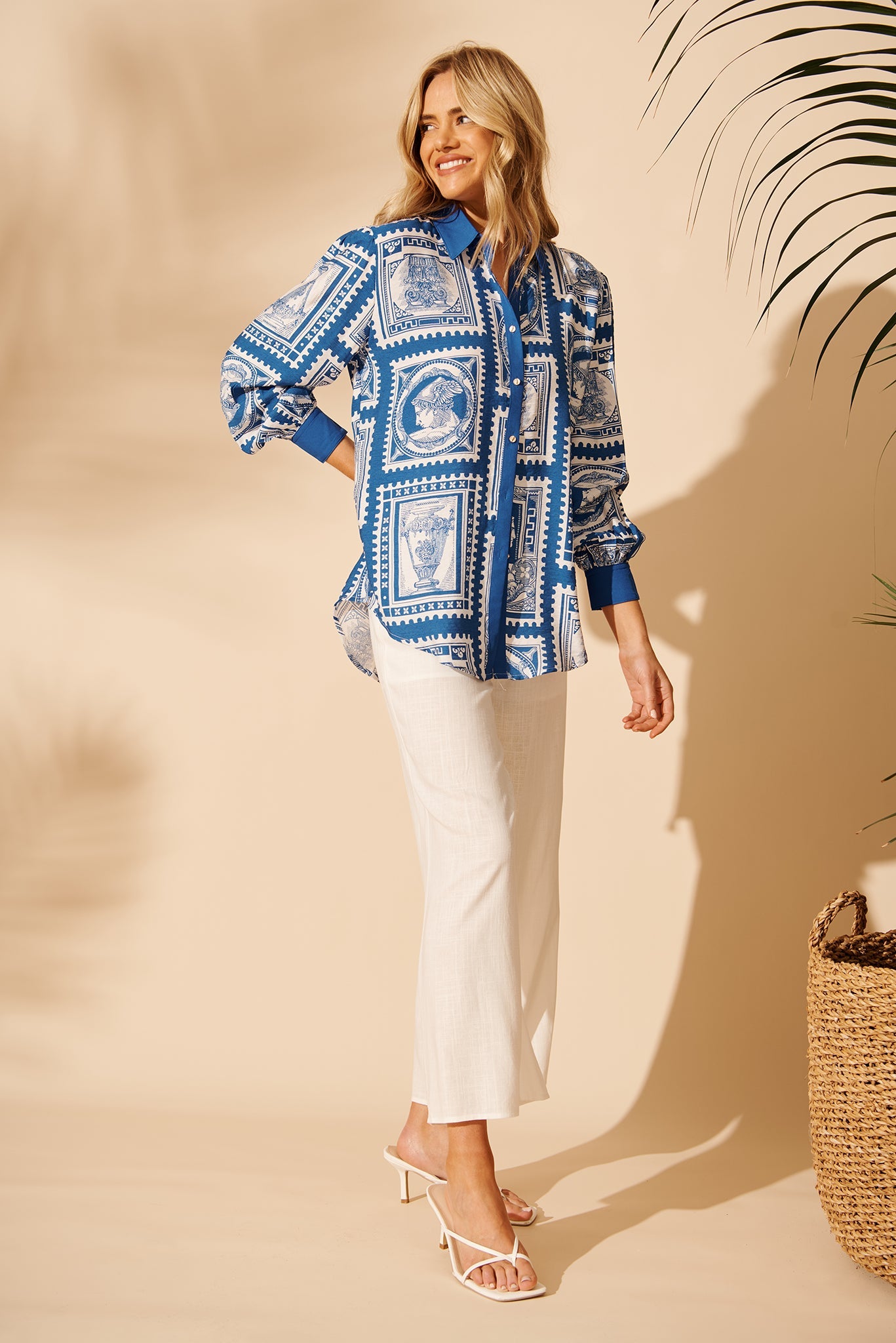 Adila Shirt in Blue with White Stamp Print