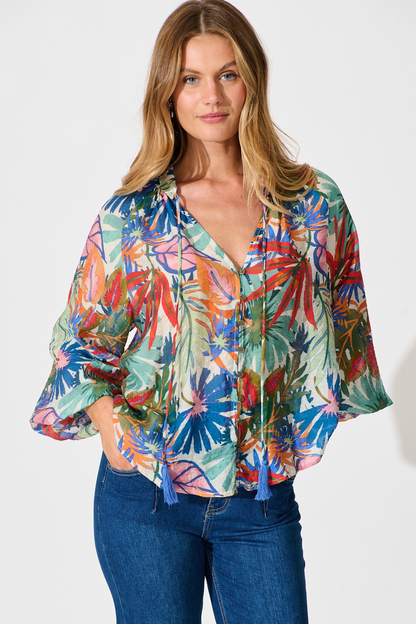 Revelations Top in Multi Leaf Cotton