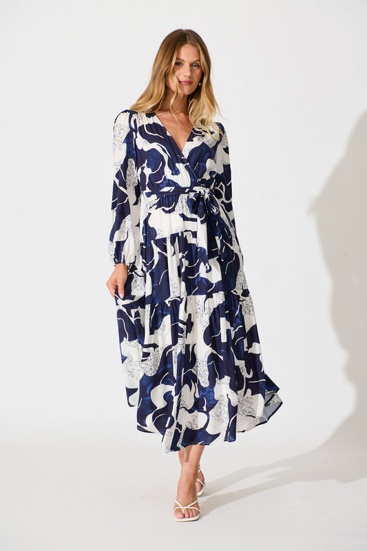 Lyons Midi Dress in White with Navy Print
