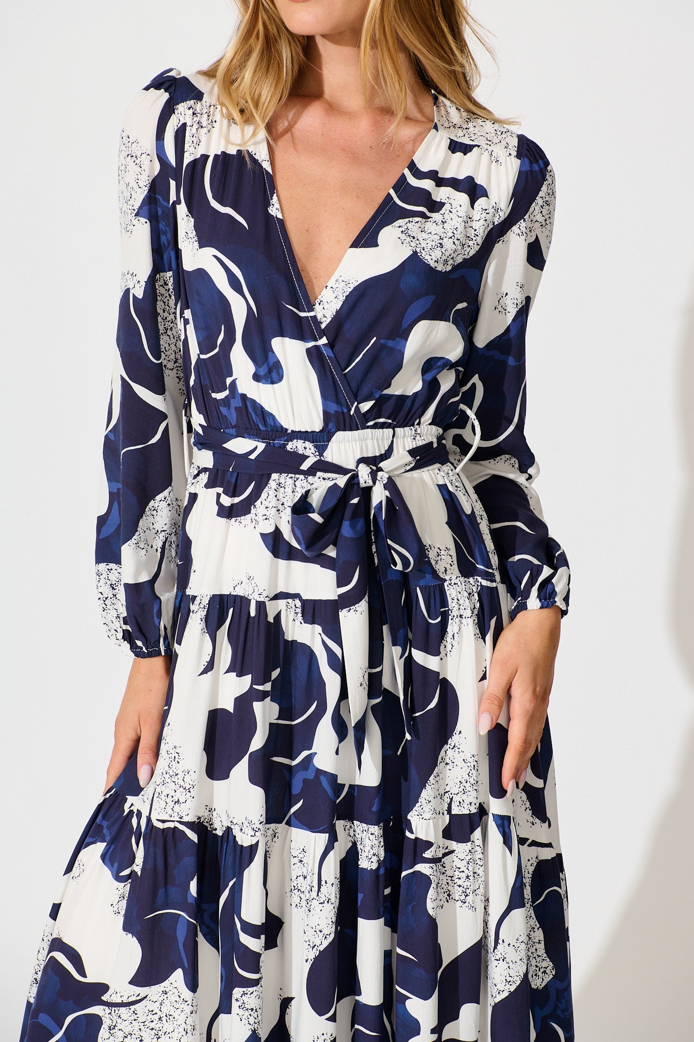 Lyons Midi Dress in White with Navy Print