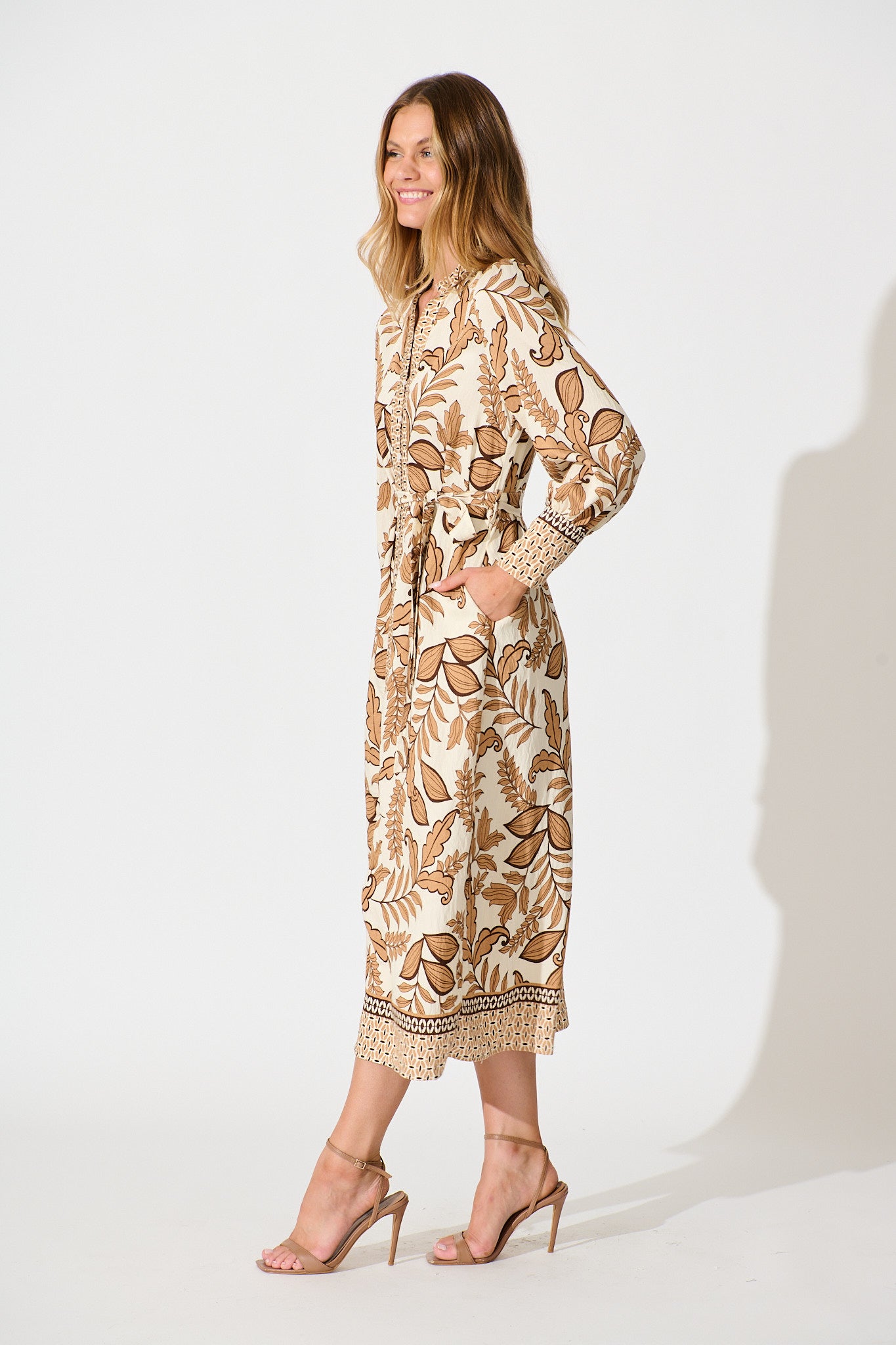 Splendour Midi Dress in Cream with Brown Leaf