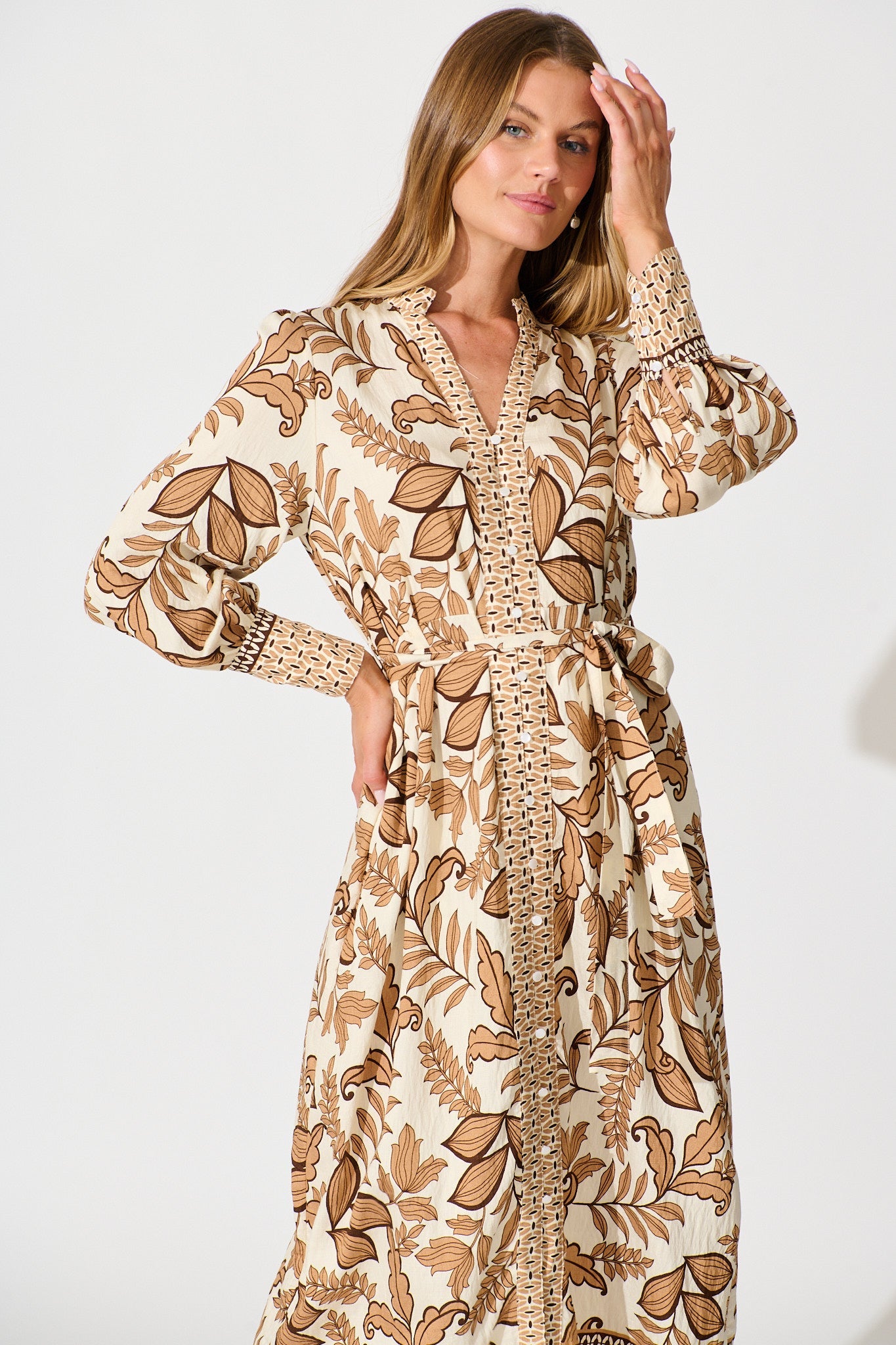 Splendour Midi Dress in Cream with Brown Leaf