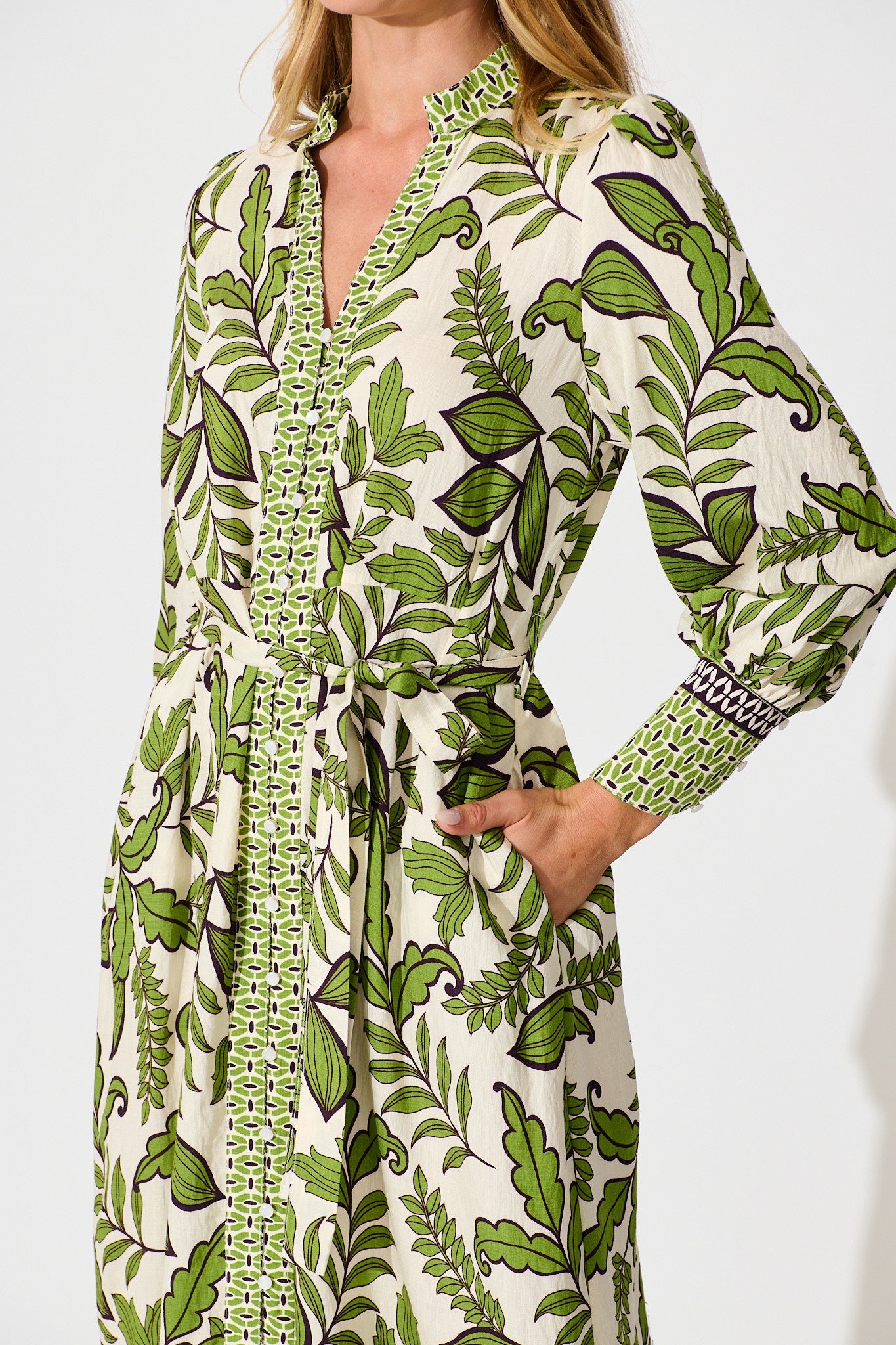 Splendour Midi Dress in Cream with Green Leaf