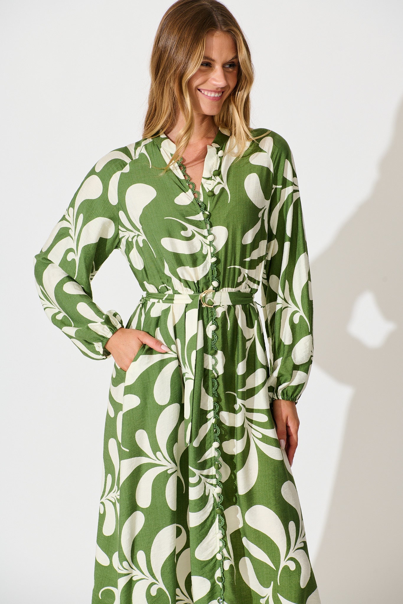 Peyton Midi Dress in Green with White Print