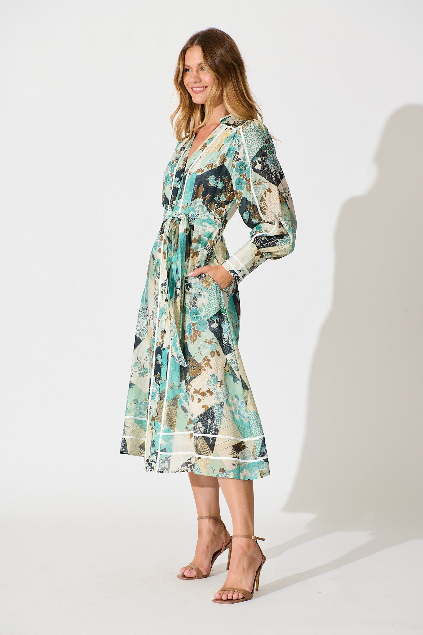 Jarren Midi Dress in Green Multi Floral with Contrast Trim Linen Blend