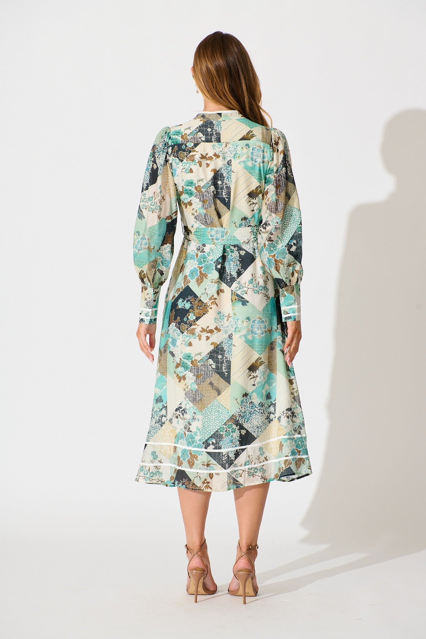 Jarren Midi Dress in Green Multi Floral with Contrast Trim Linen Blend
