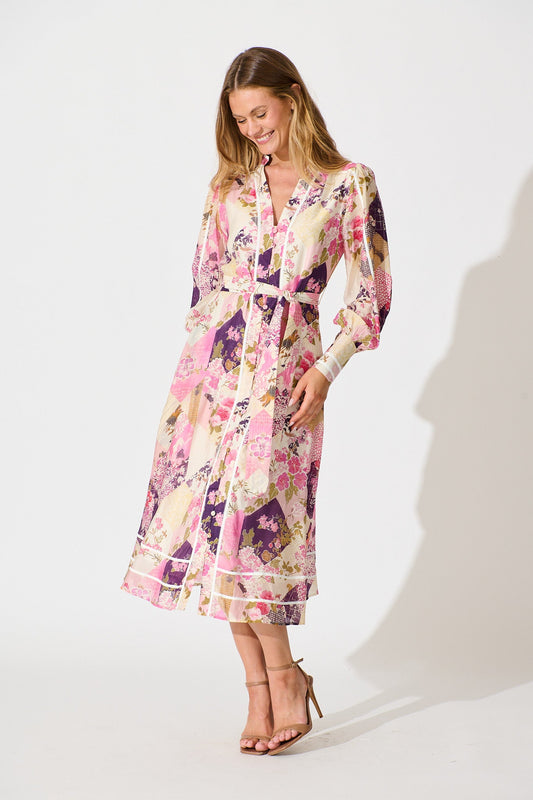 Jarren Midi Dress in Pink Multi Floral with Contrast Trim Linen Blend