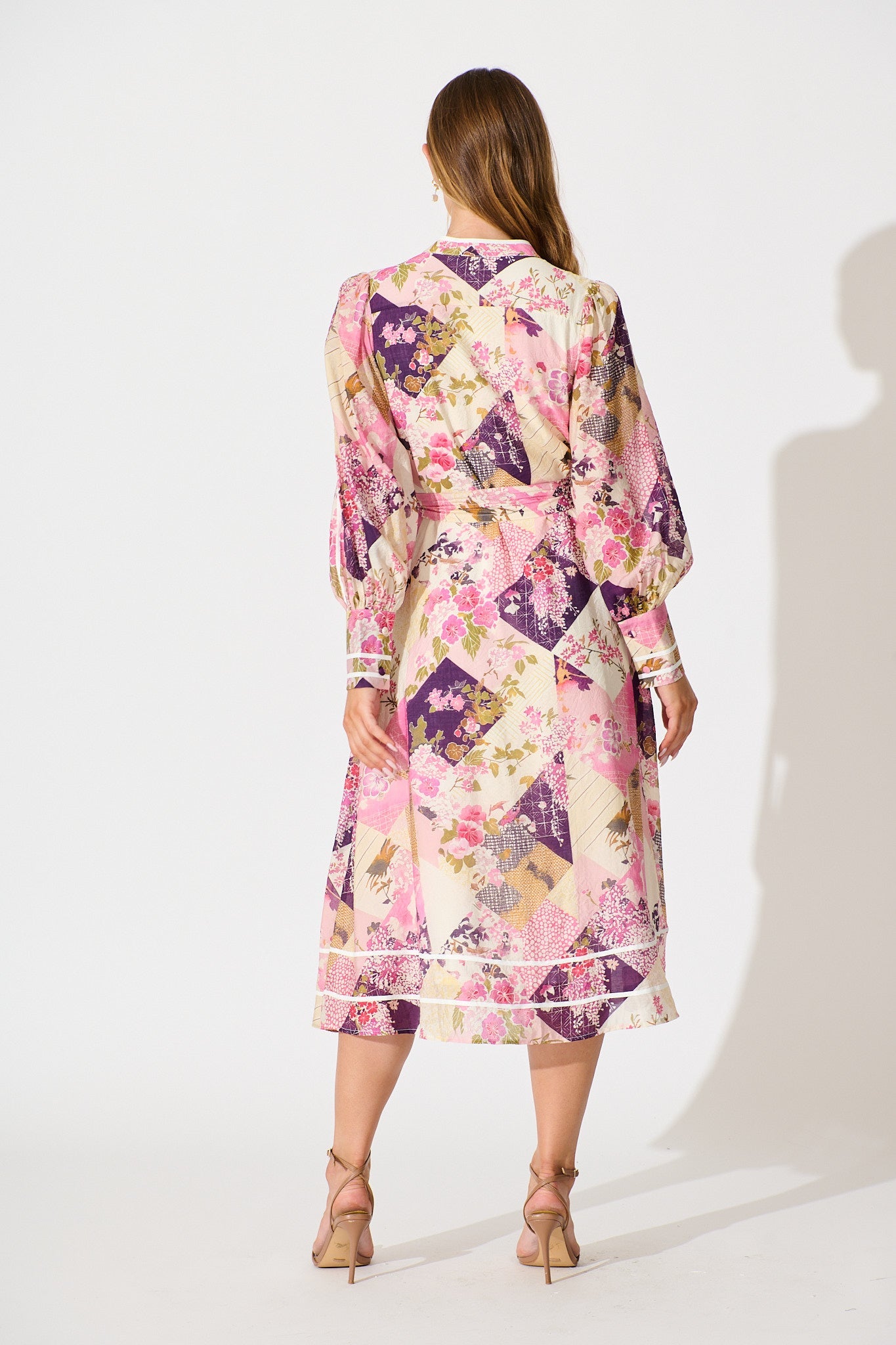 Jarren Midi Dress in Pink Multi Floral with Contrast Trim Linen Blend