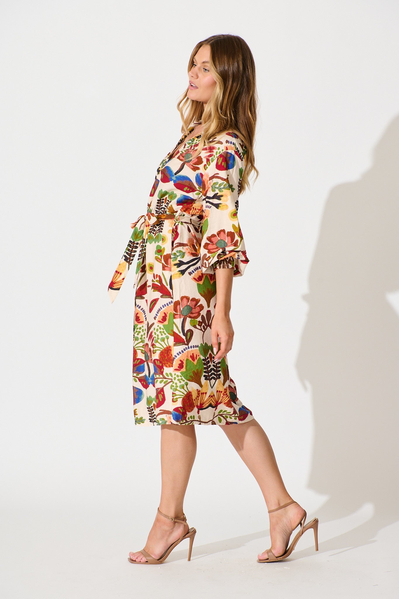 Fields Of Wonder Midi Shirt Dress in Cream with Multi Floral Print