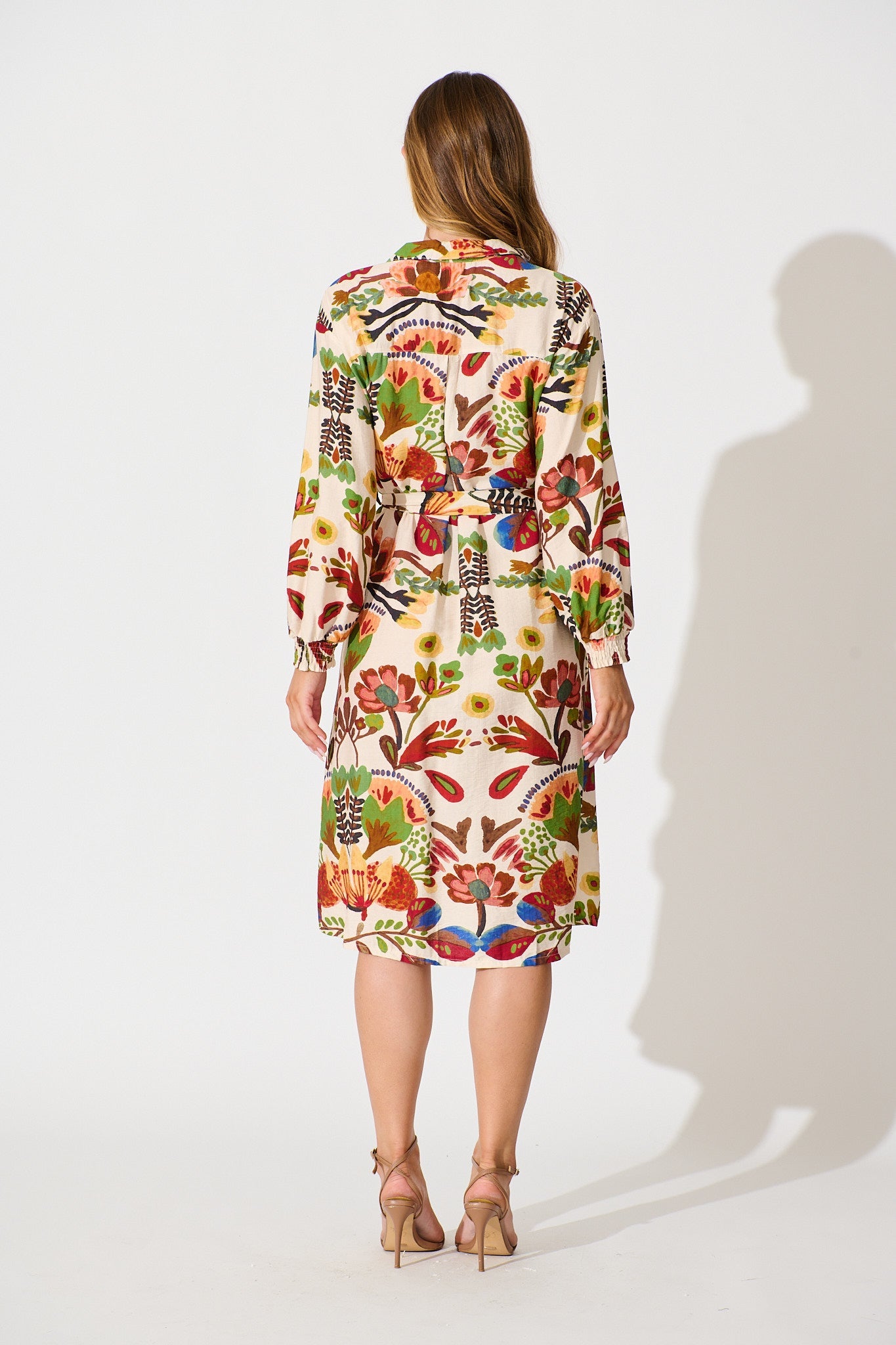 Fields Of Wonder Midi Shirt Dress in Cream with Multi Floral Print