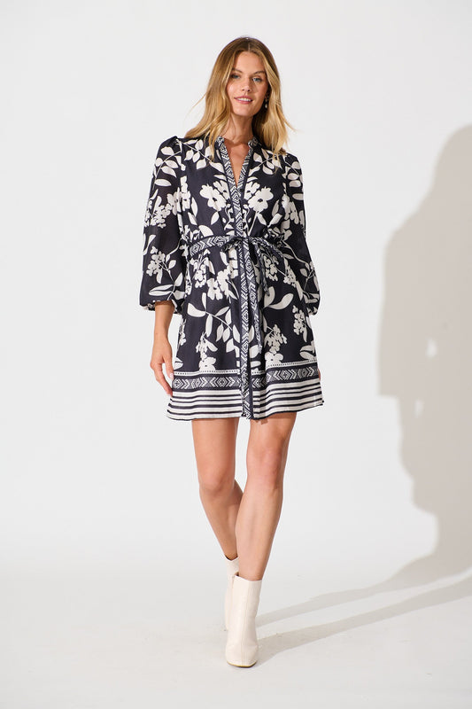 Valetta Dress in Black with White Linen Blend