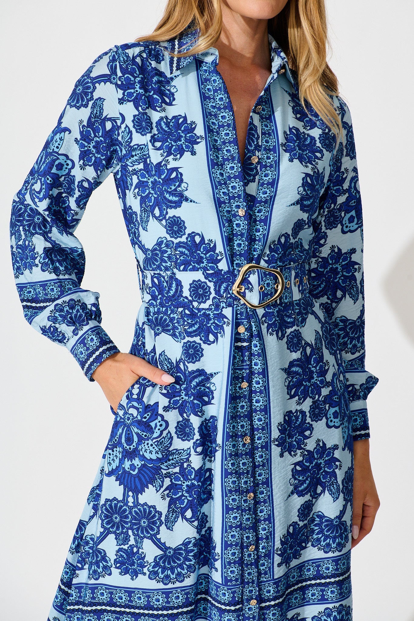 Avianna Midi Shirt Dress in Blue with Navy Border Print