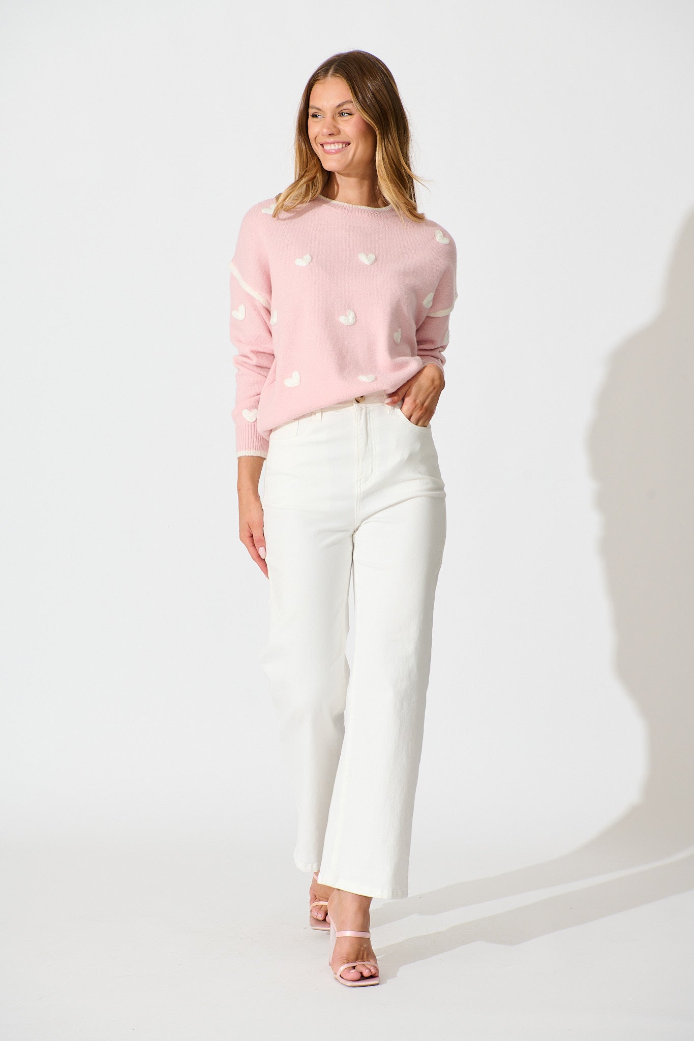 Angie Knit in Pink with Cream Heart Wool Blend