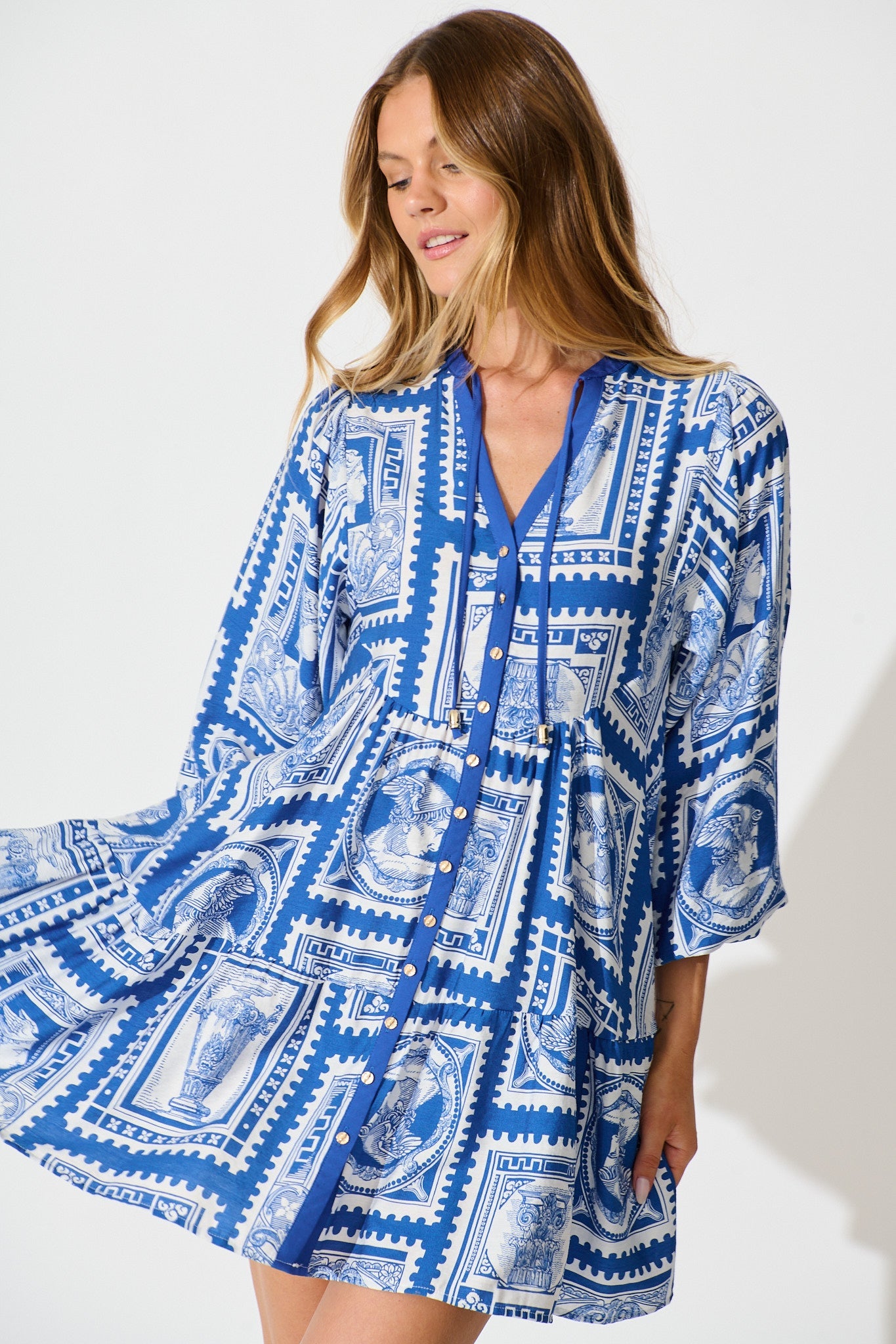 Rayla Smock Dress in Blue with White Stamp Print