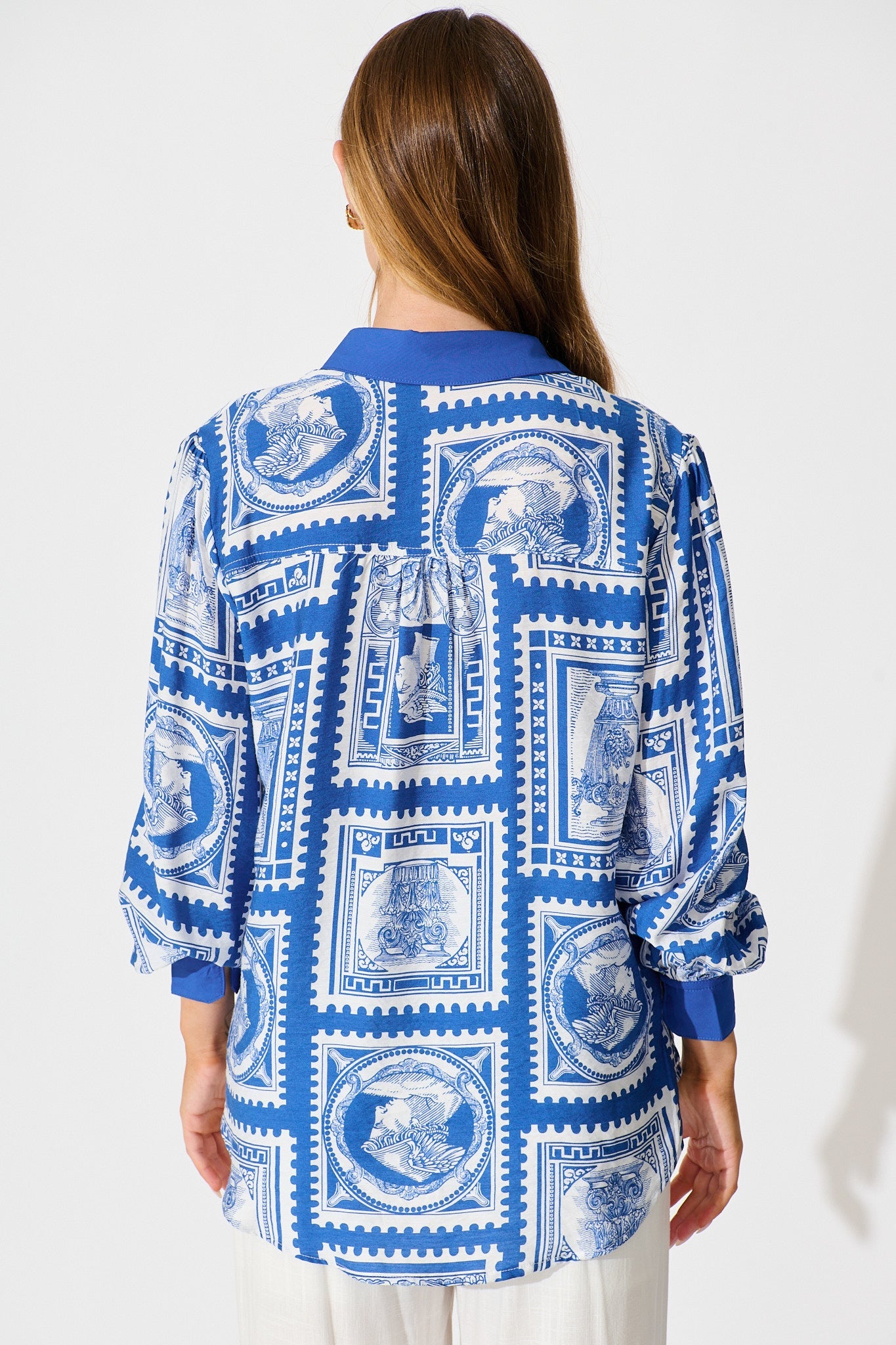 Adila Shirt in Blue with White Stamp Print