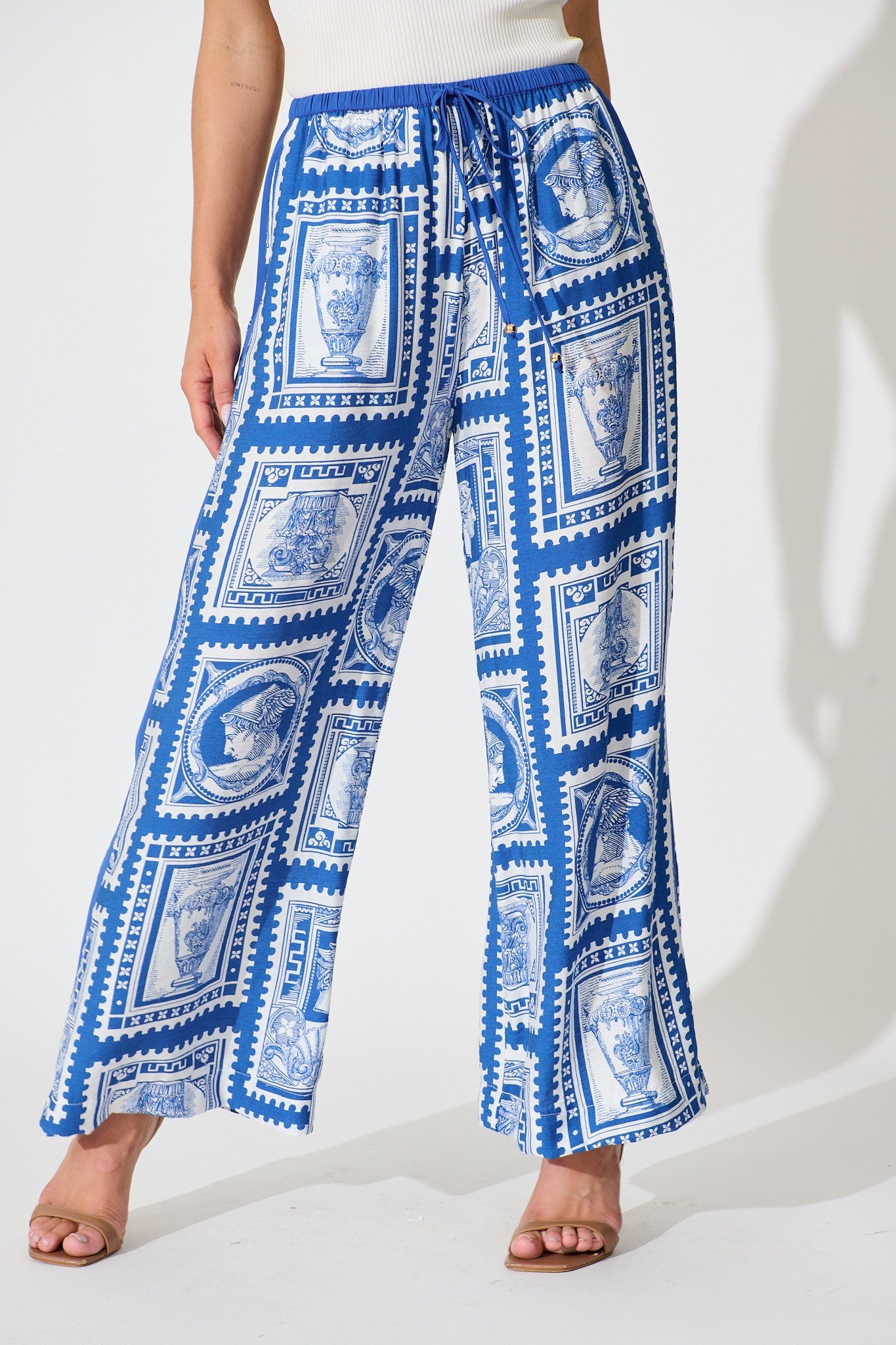 Romeo Pant in Blue with White Stamp Print