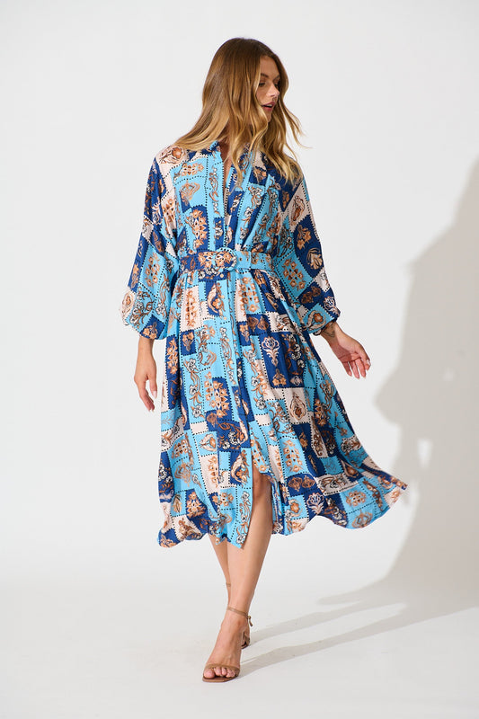Corina Midi Dress in Blue with Brown Patchwork Print