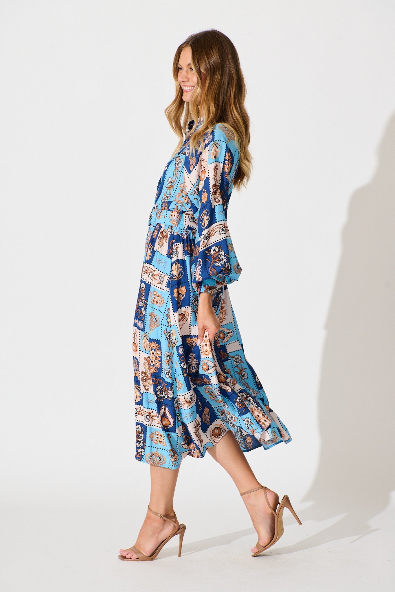 Corina Midi Dress in Blue with Brown Patchwork Print