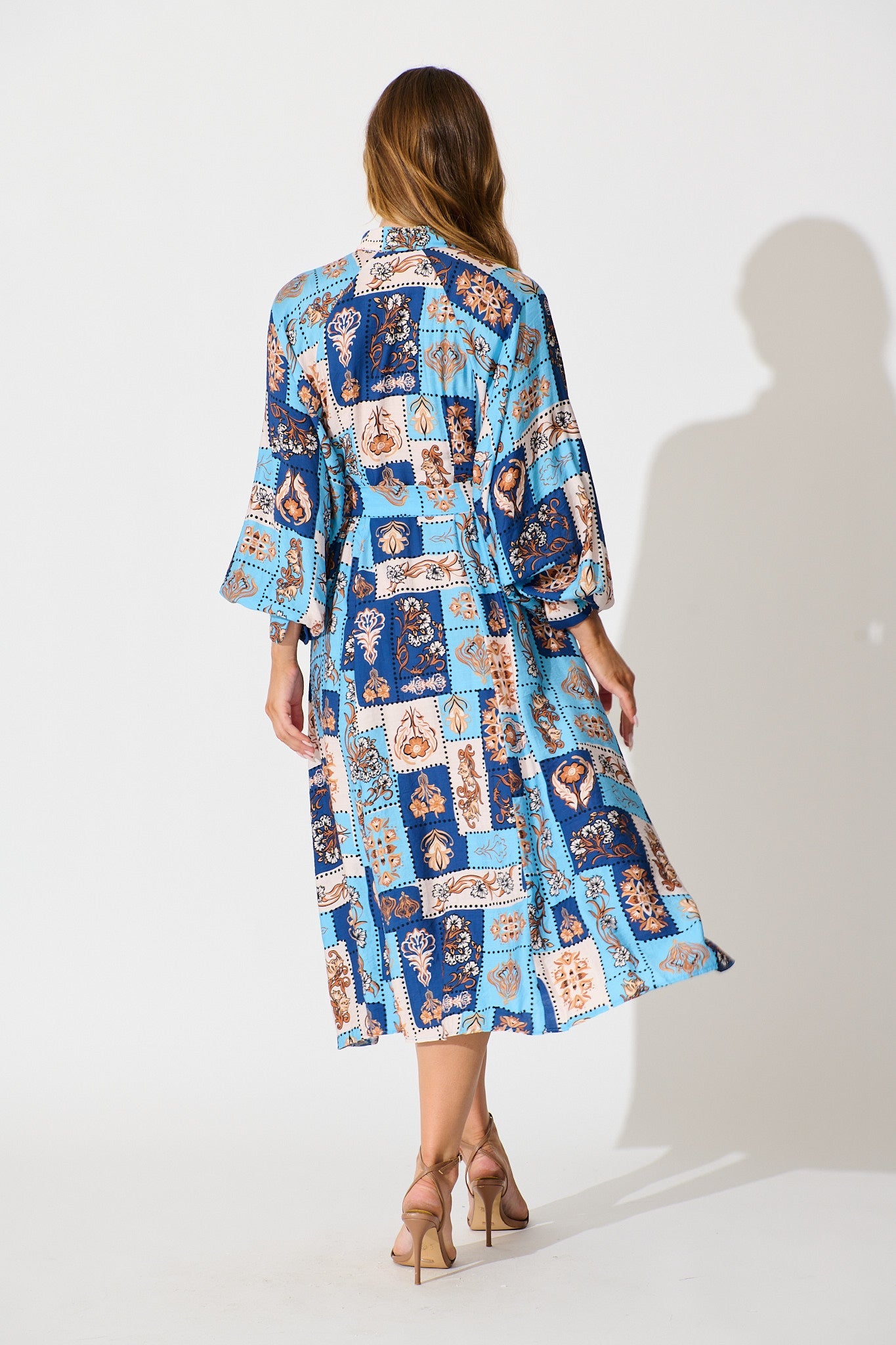 Corina Midi Dress in Blue with Brown Patchwork Print