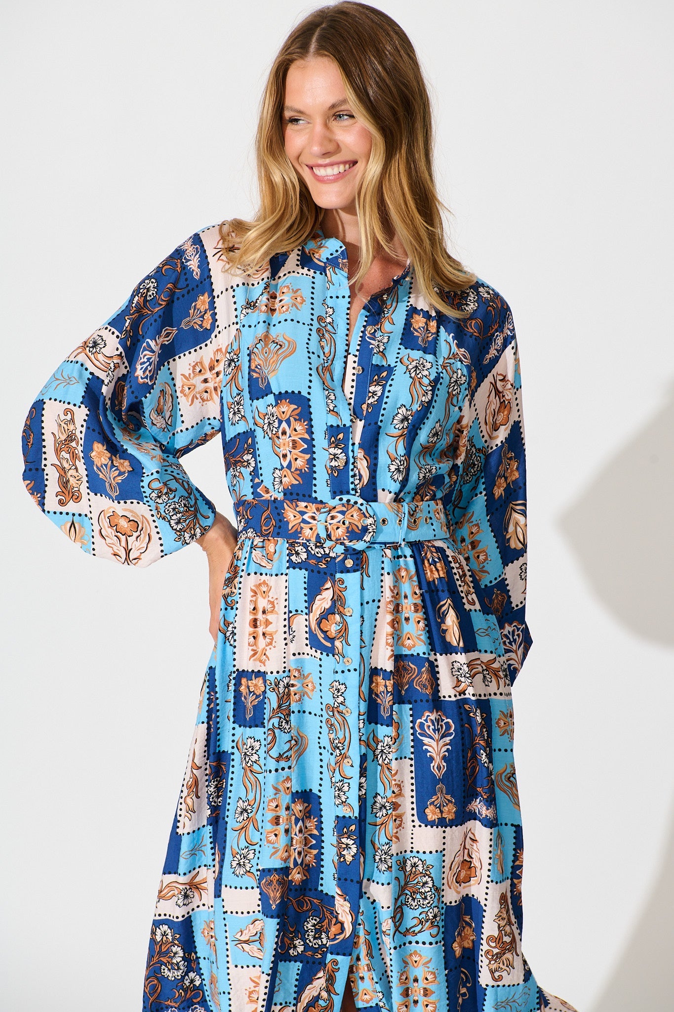 Corina Midi Dress in Blue with Brown Patchwork Print