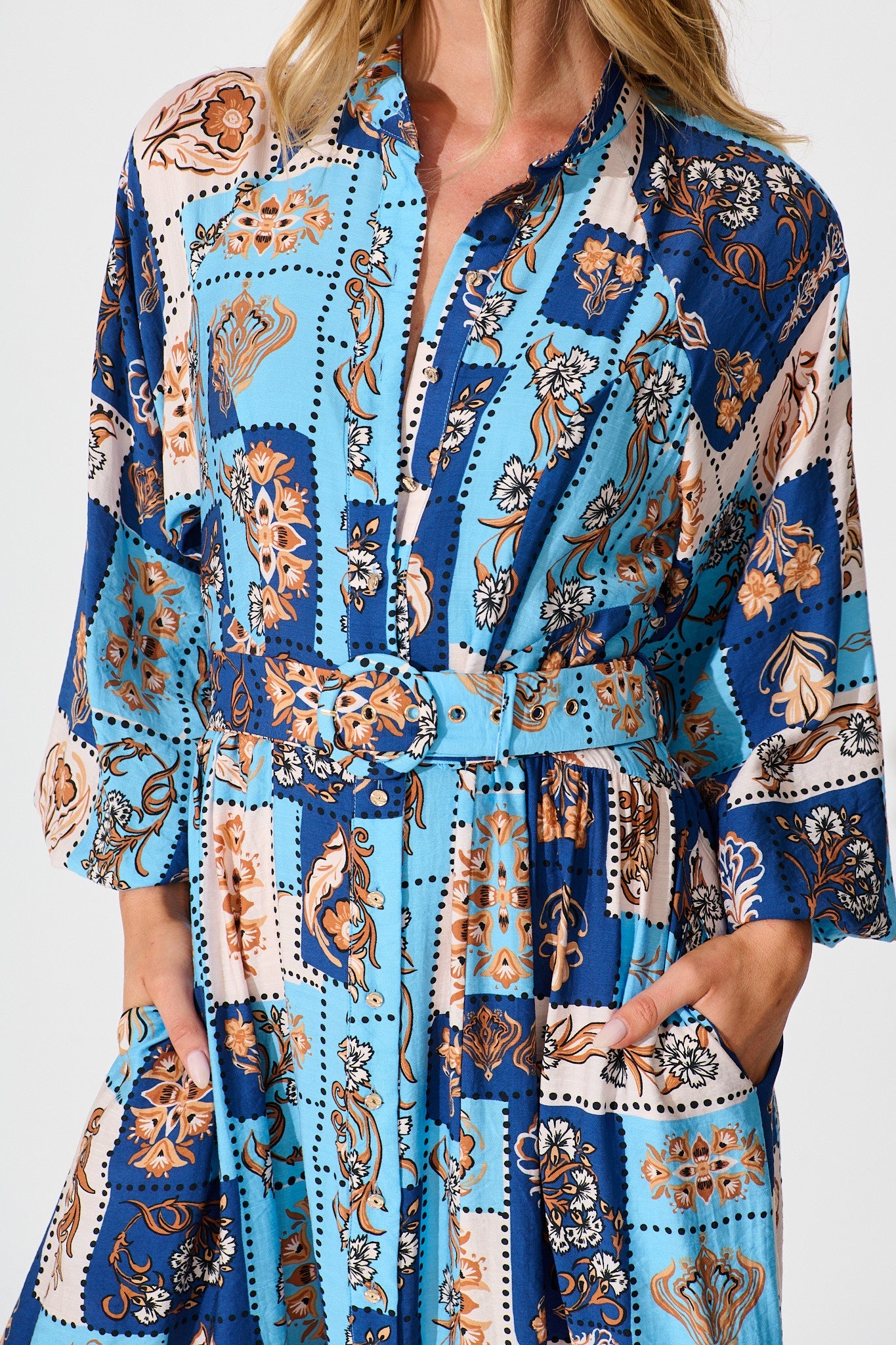 Corina Midi Dress in Blue with Brown Patchwork Print