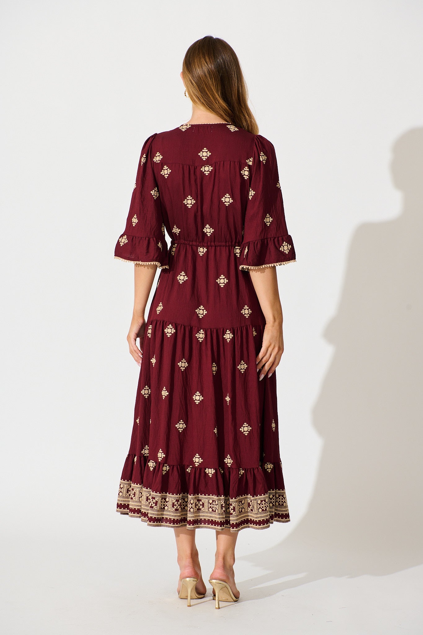 Kelsey Midi Dress in Wine with Cream Embroidery