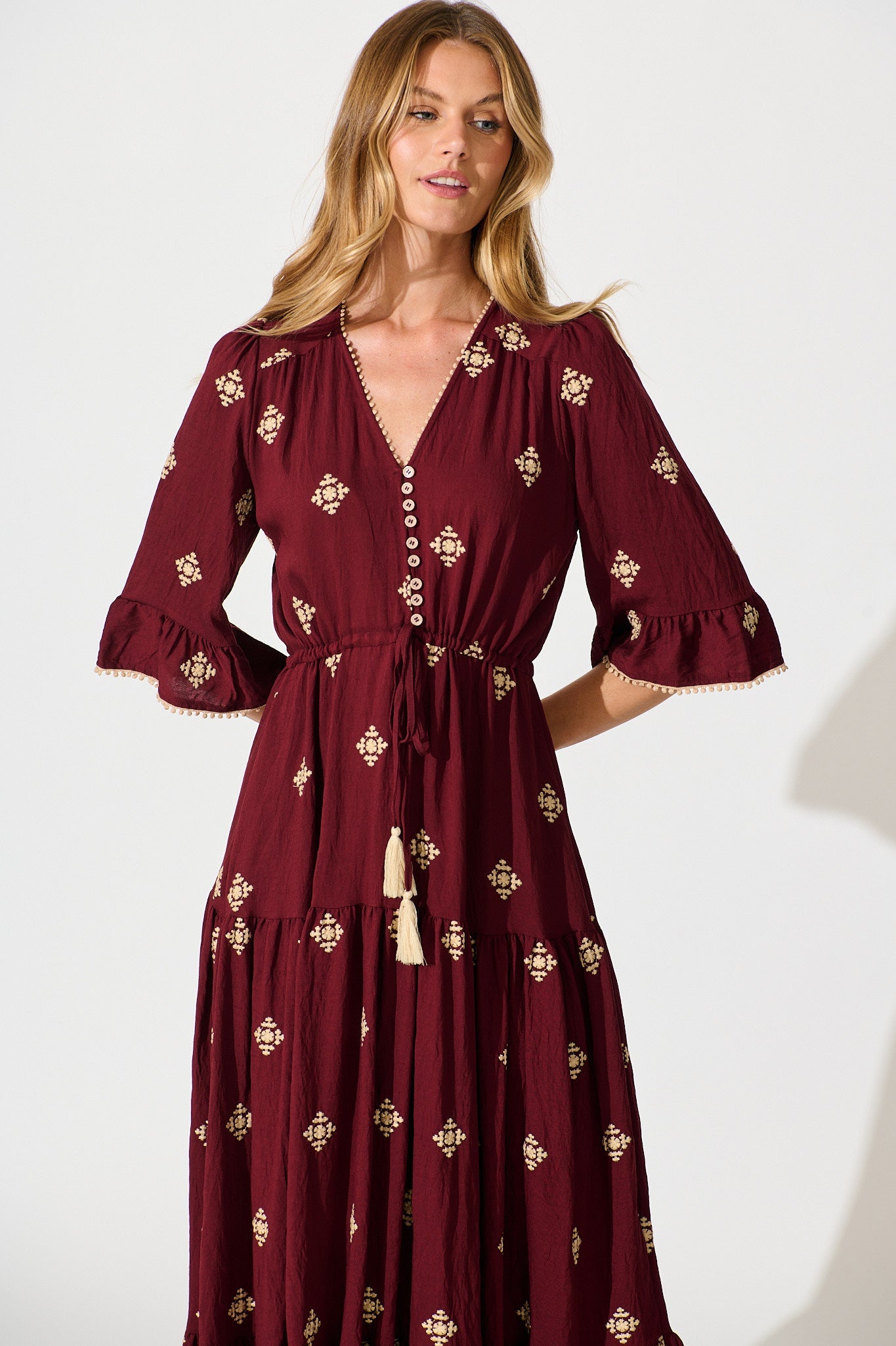Kelsey Midi Dress in Wine with Cream Embroidery