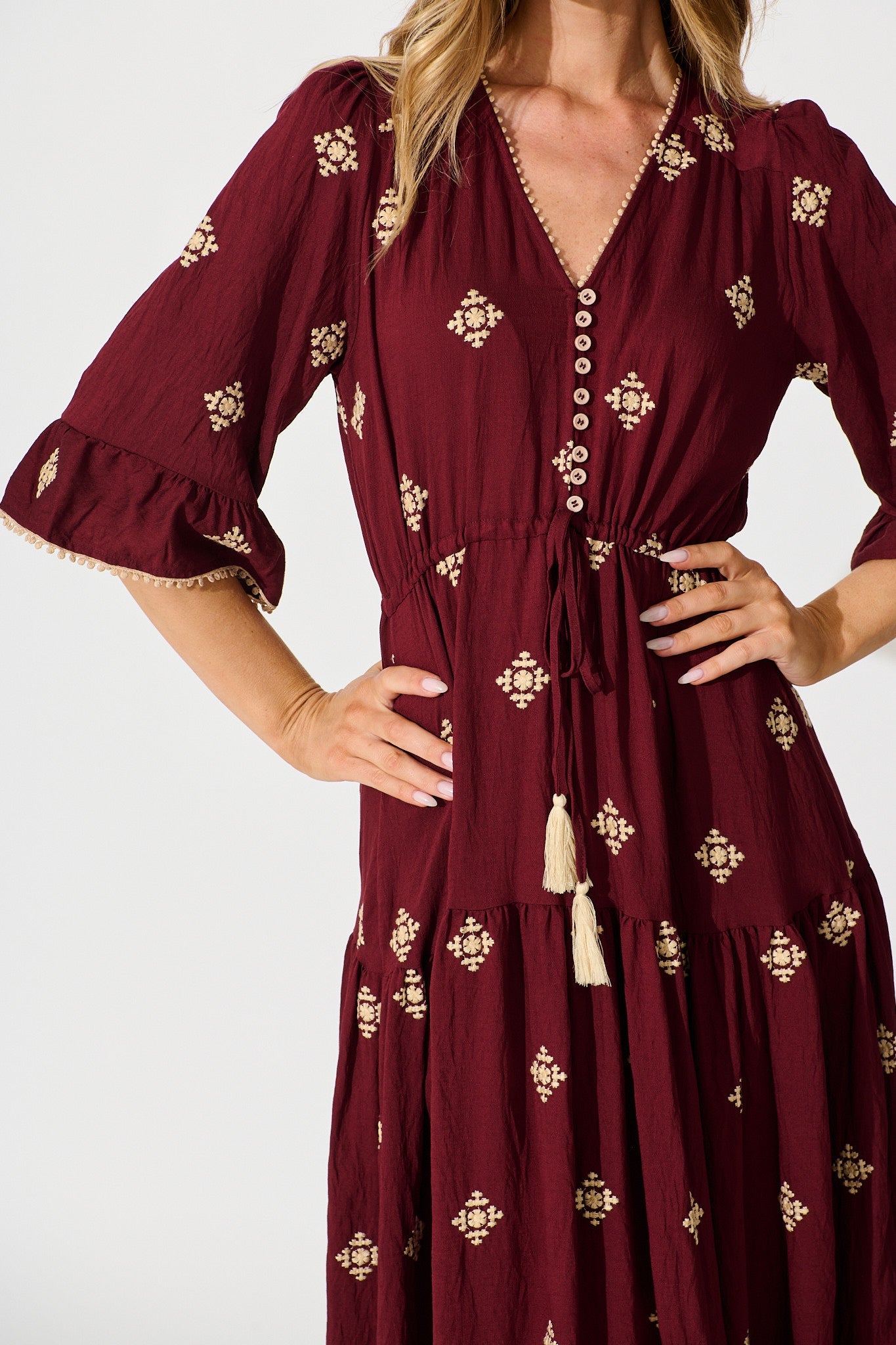 Kelsey Midi Dress in Wine with Cream Embroidery