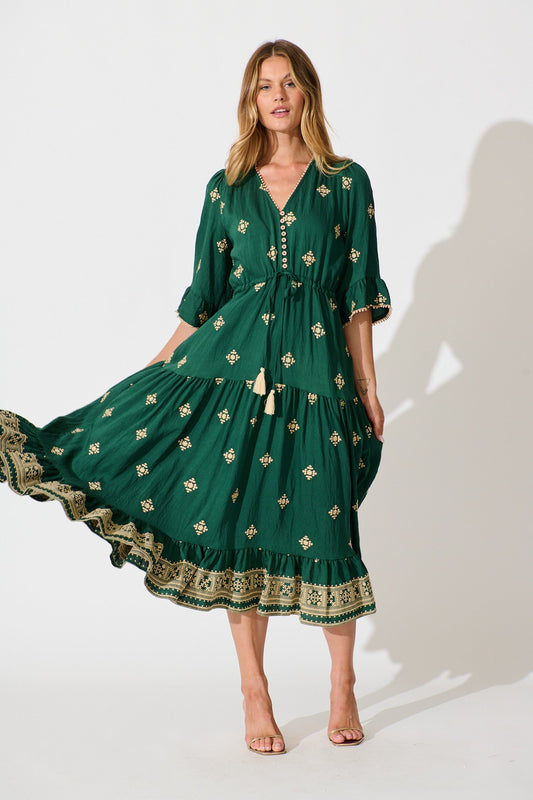 Kelsey Midi Dress in Emerald with Cream Embroidery