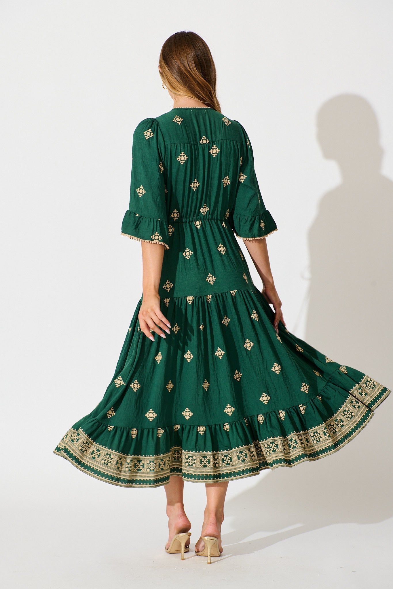 Kelsey Midi Dress in Emerald with Cream Embroidery