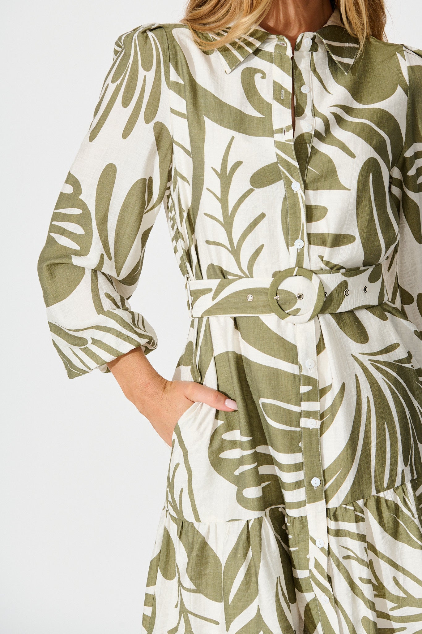 Della Shirt Dress in Khaki and Cream Leaf Print