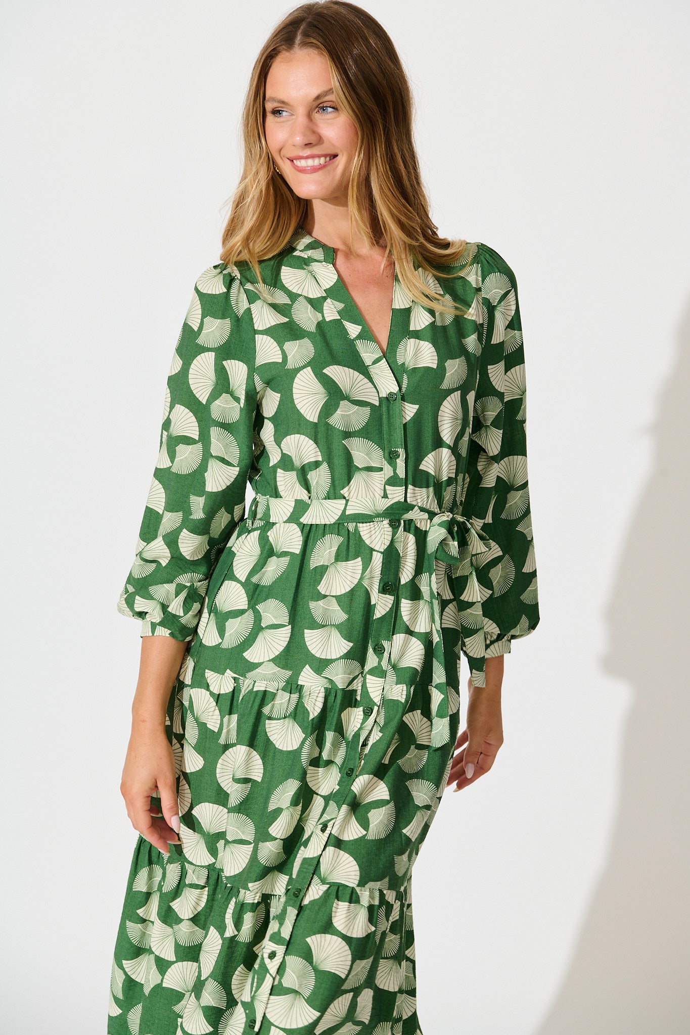 Donissa Midi Dress in Green with White Print