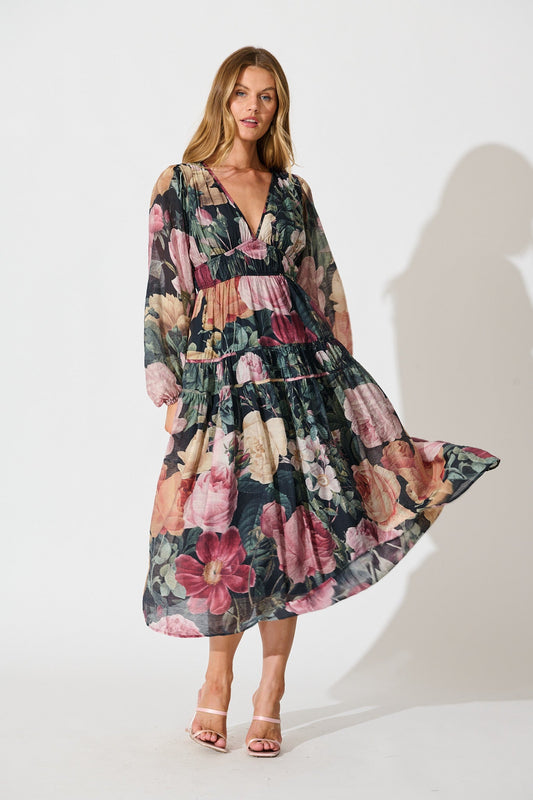 Brigette Midi Dress in Black with Multi Floral Print