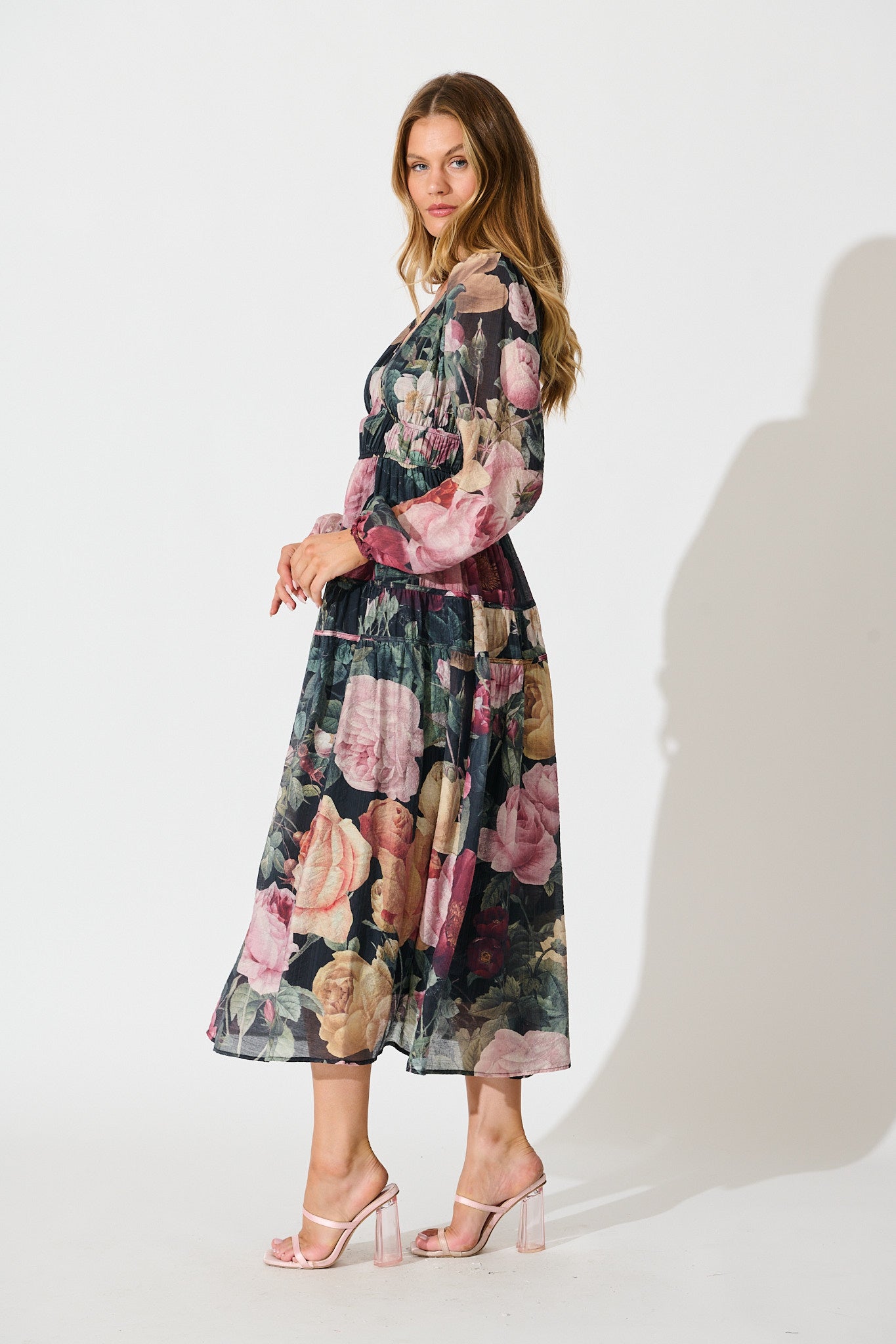 Brigette Midi Dress in Black with Multi Floral Print