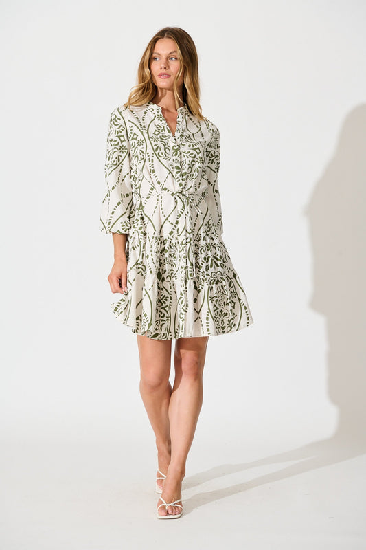 Sariyah Dress in Cream with Green Print Linen Blend
