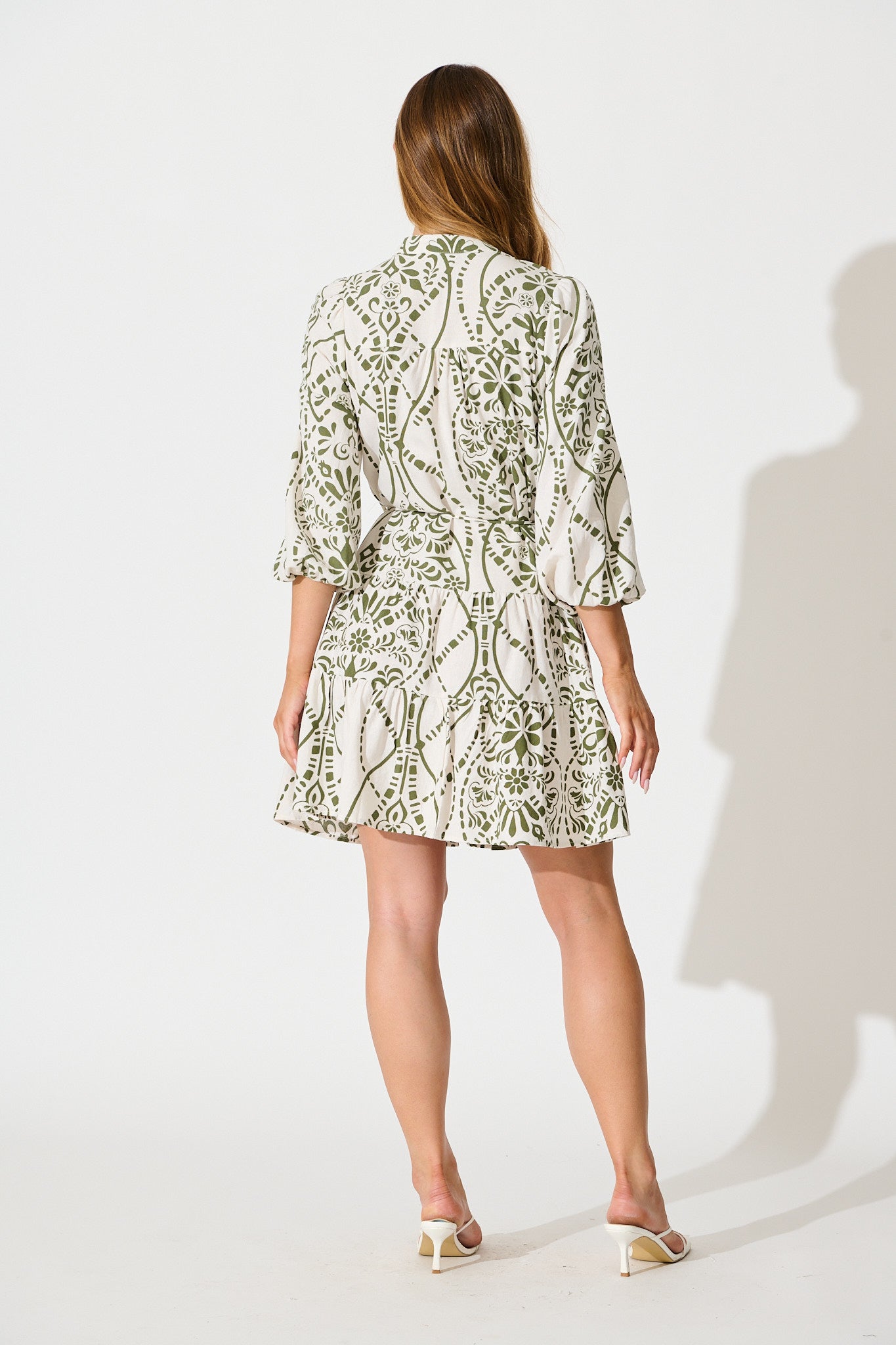 Sariyah Dress in Cream with Green Print Linen Blend