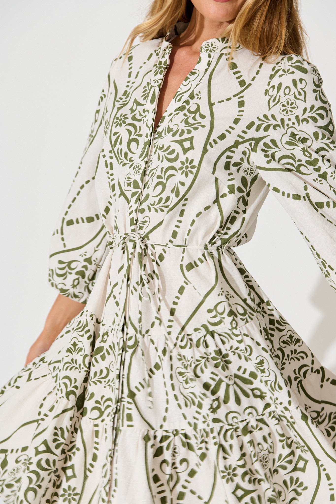 Sariyah Dress in Cream with Green Print Linen Blend