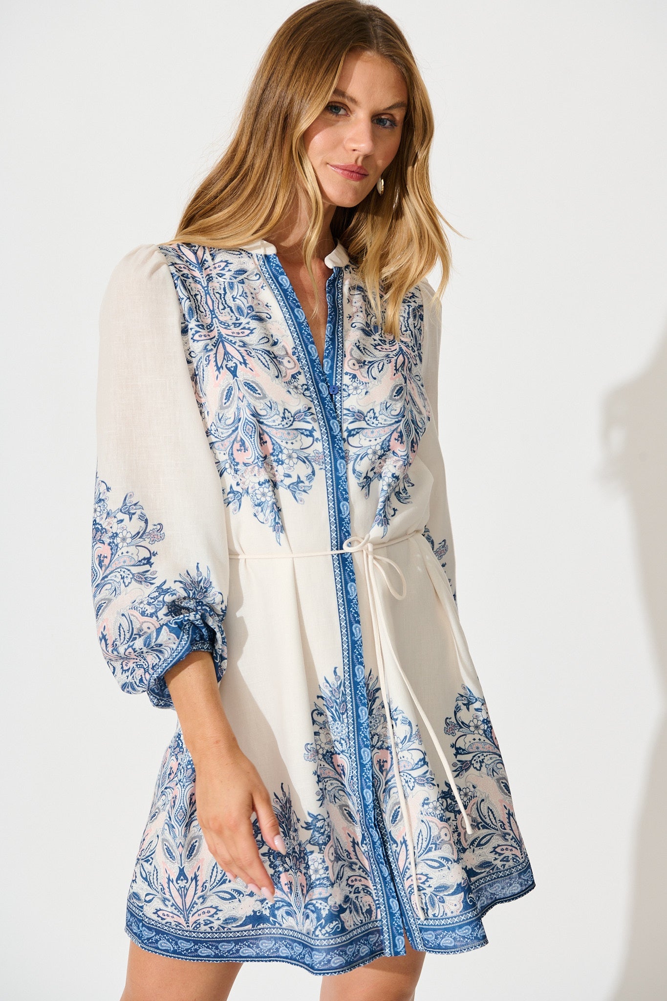 Rubie Dress in White with Blue Floral Print Linen Blend