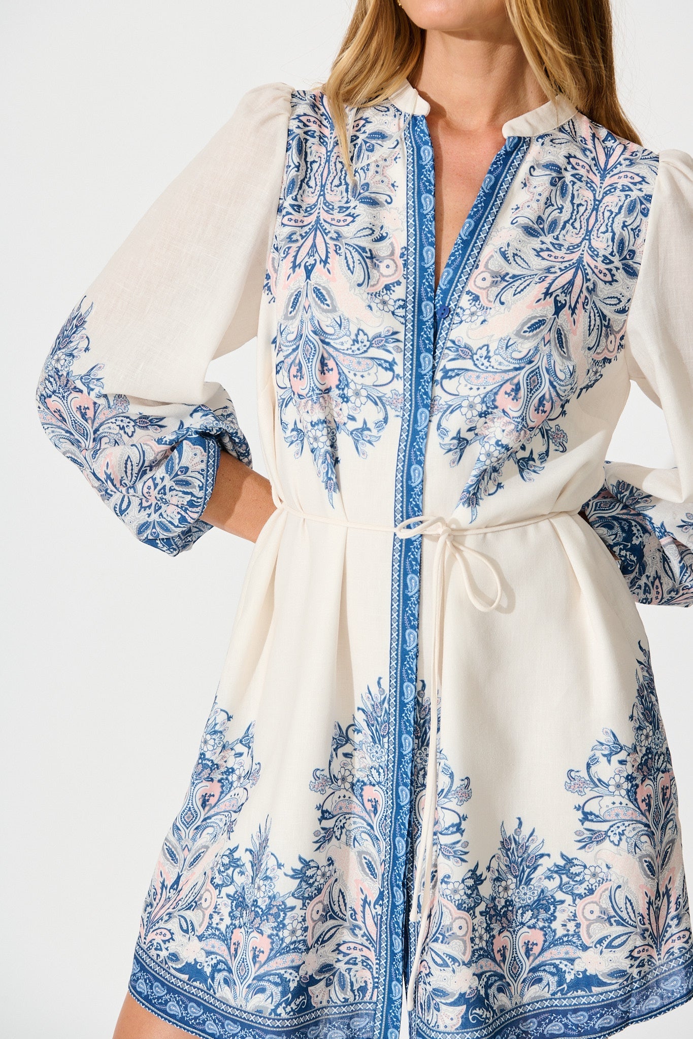 Rubie Dress in White with Blue Floral Print Linen Blend
