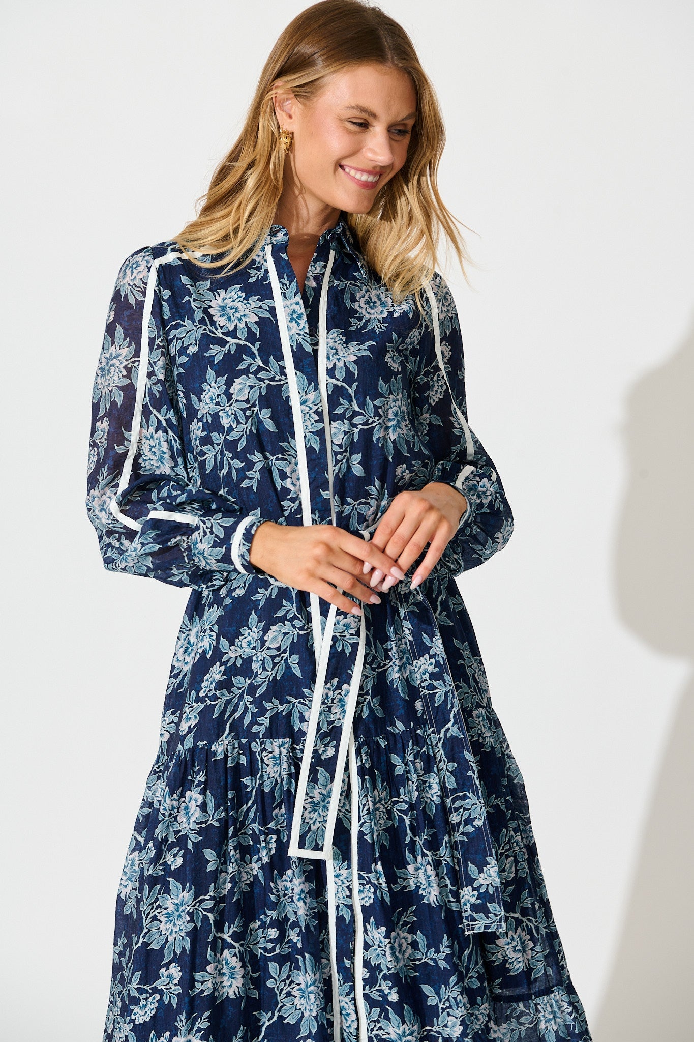 Mayella Maxi Shirt Dress in Navy Floral with Contrast Trim