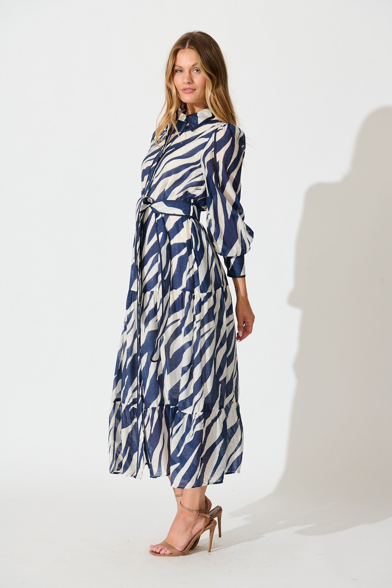 Naylor Maxi Shirt Dress in Navy with White Print