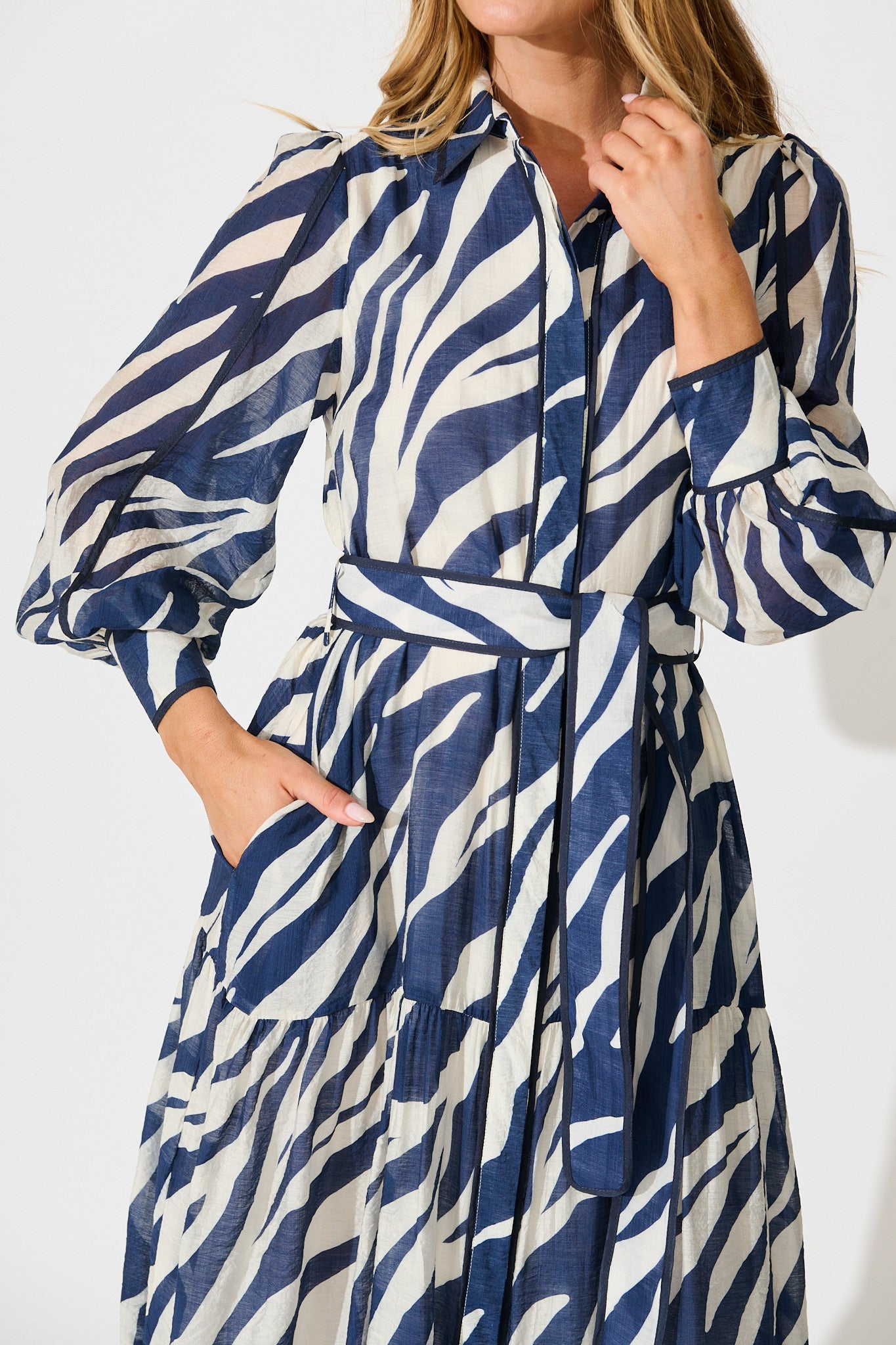 Naylor Maxi Shirt Dress in Navy with White Print